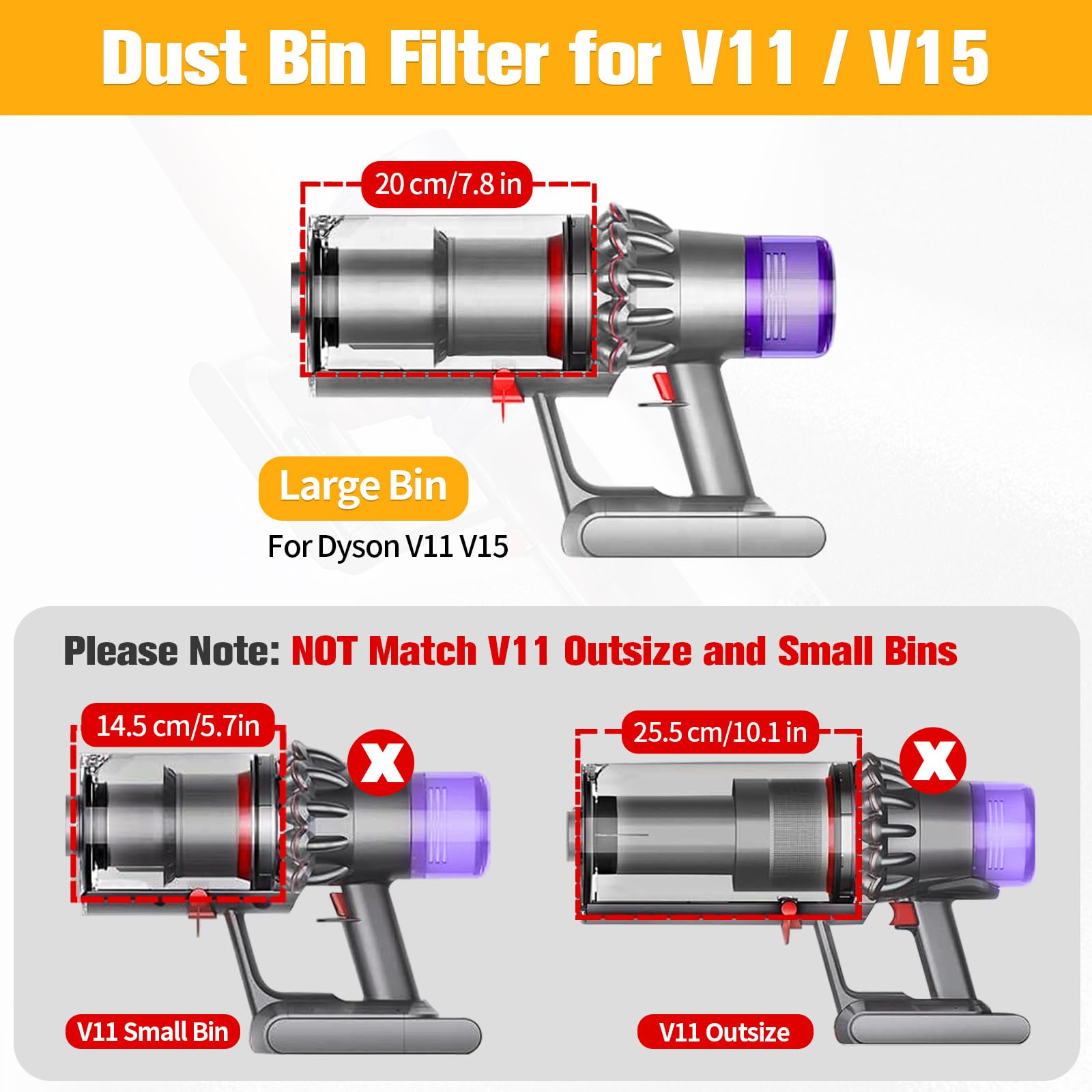 Diagramm, das die Teile eines Dyson V11/V15 Staubsaugers zeigt. Enthält Abmessungen und Warnhinweise.