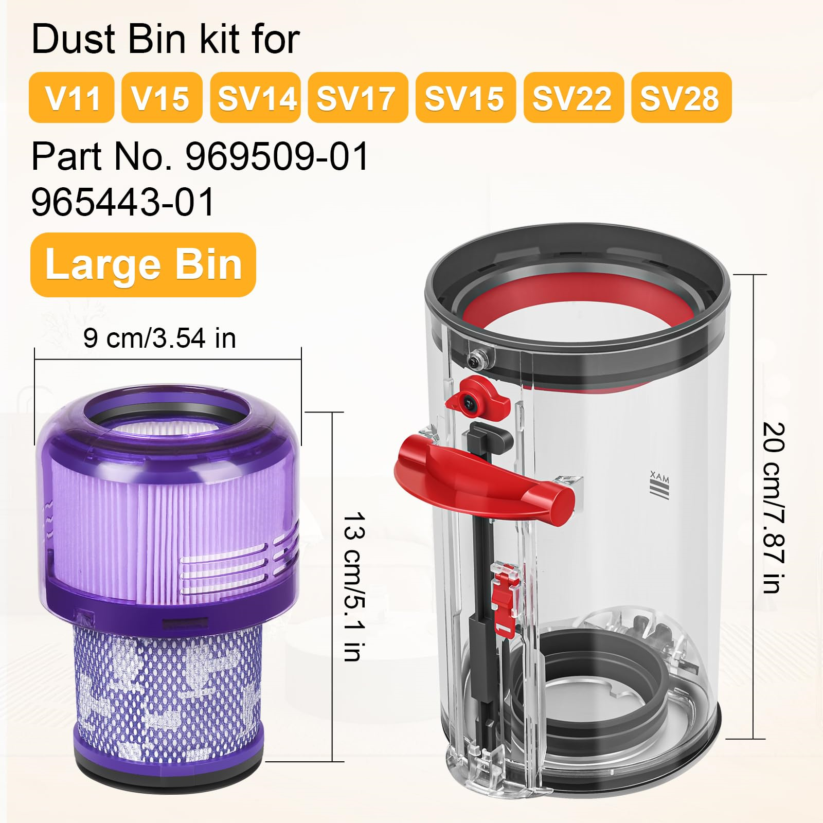 Staubsaugerteile: Filter, Behälter, Abmessungen. Details für V11, V15, SV14, SV17, SV15, SV22, SV28.