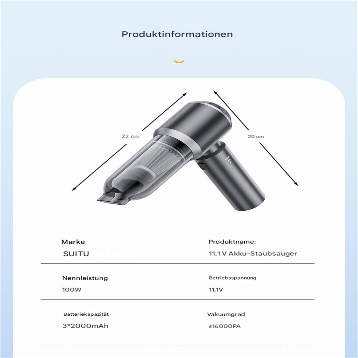 Handstaubsauger mit Abmessungen und Leistungsspezifikationen, beschriftet mit SUITU.
