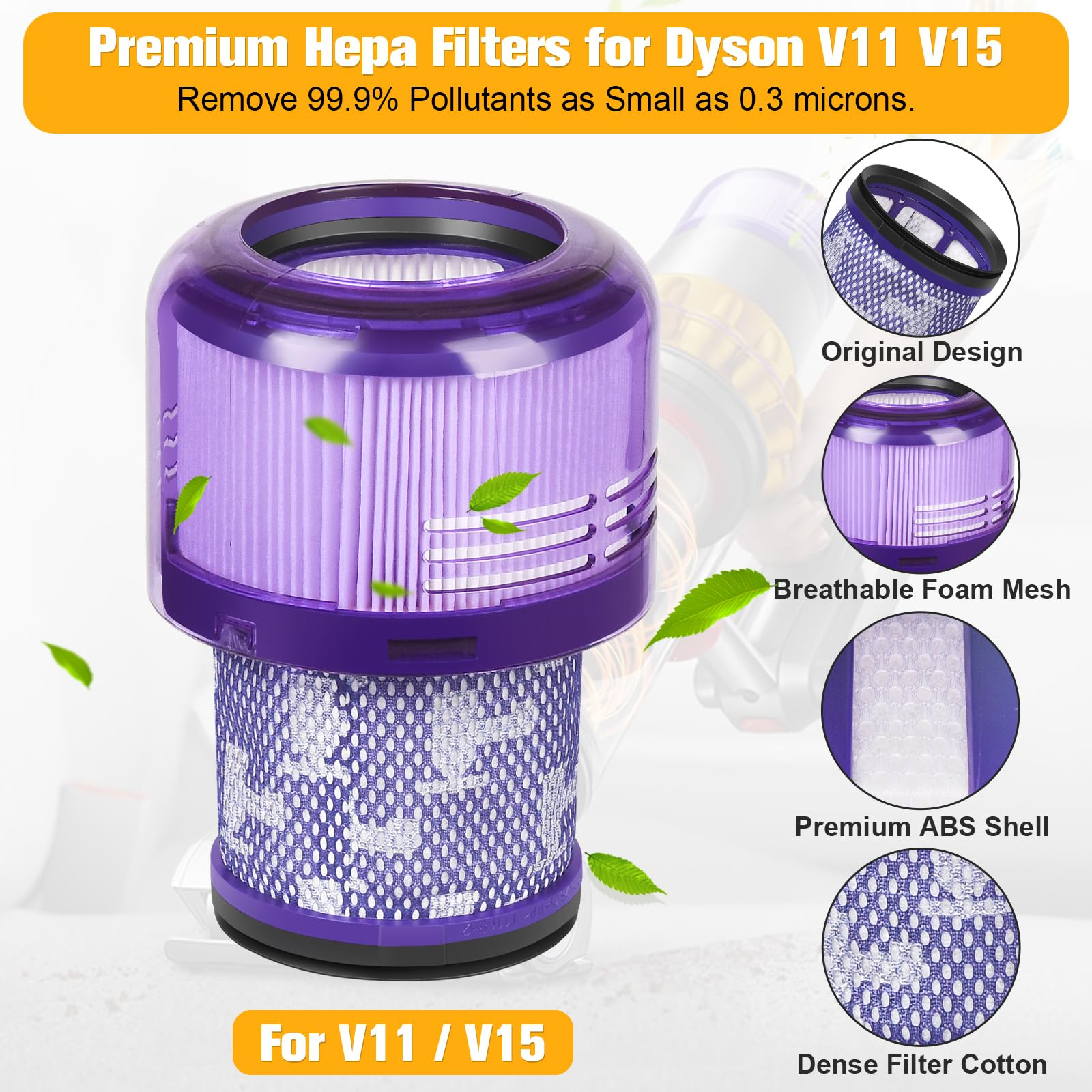 Lila-weißer Dyson V11/V15-Filter mit Details zu Design und Filtermaterialien.