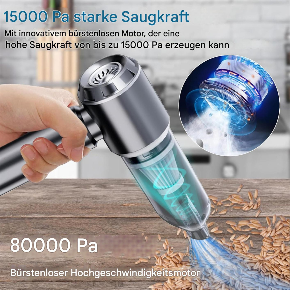 Handstaubsauger mit detaillierter Ansicht des Luftstroms und der Komponenten.