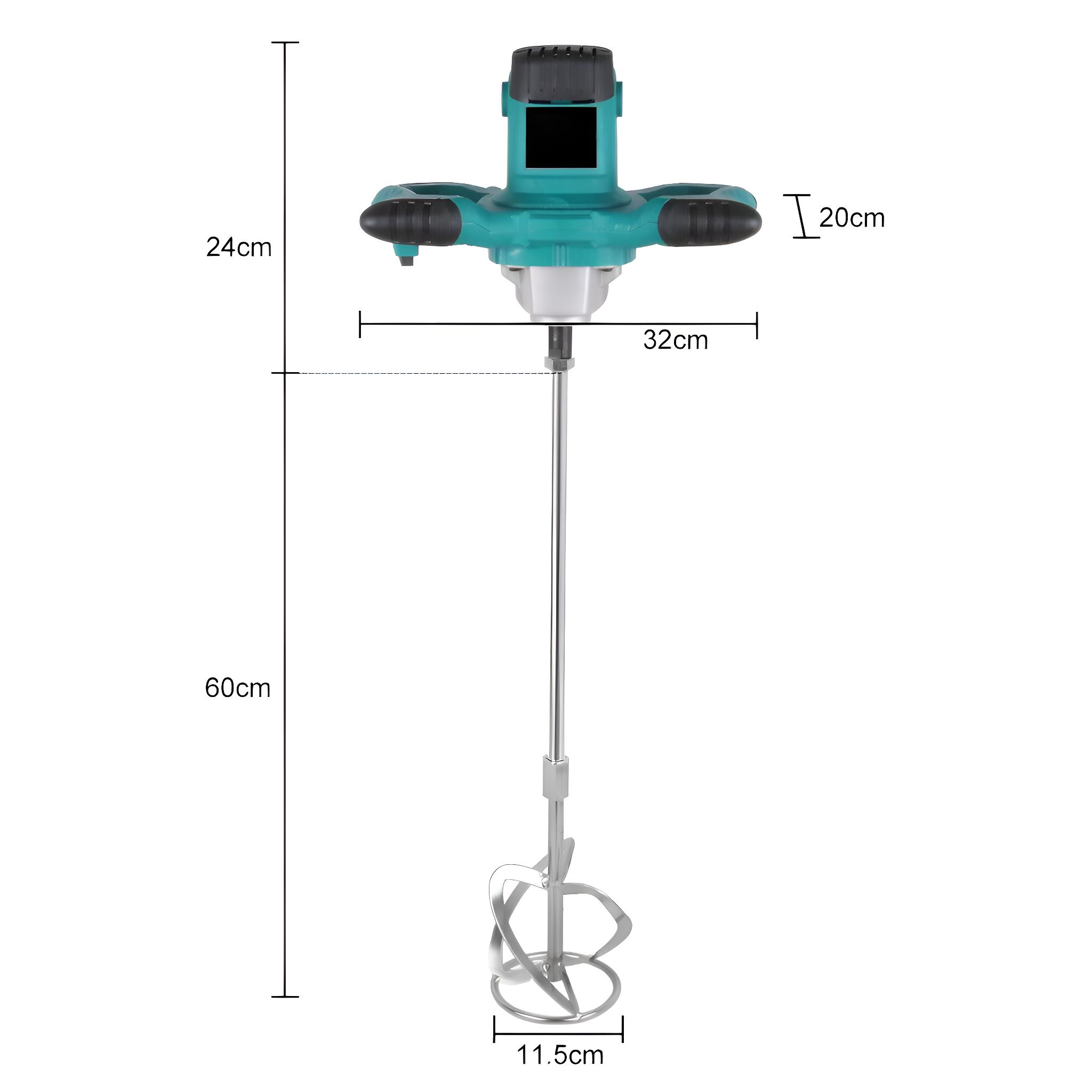 Ein teal- und schwarzer Elektromixer mit Messungen. Der Mixer ist 24 cm hoch, 32 cm breit und der Schaft ist 60 cm lang.