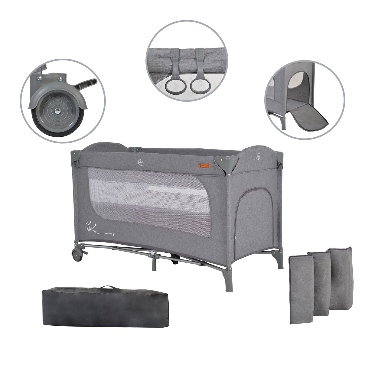 Graues Babybett mit Netzwänden, Rädern und Zubehör. Das Bett wird mit Detailansichten und einer Tragetasche gezeigt.