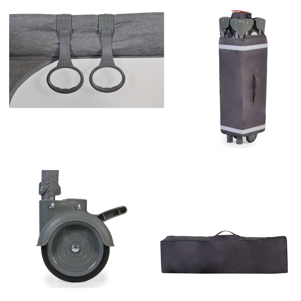 Nahaufnahme von Krippendetails, einschließlich Griffen und Rädern. Außerdem ein zusammengeklapptes Bett in einer Tasche und eine Tragetasche.