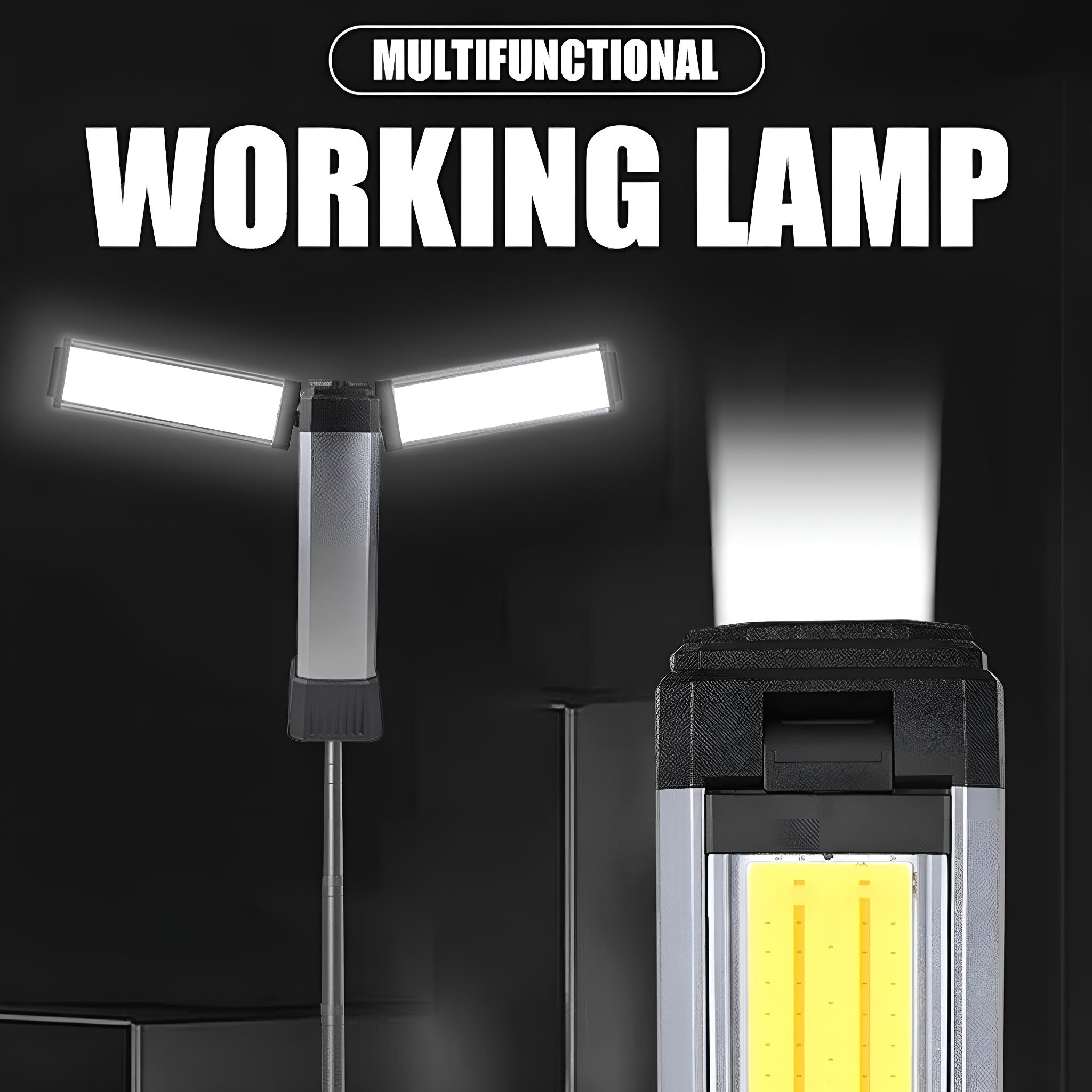 Multifunktionale Arbeitslampe mit zwei ausgezogenen Lichtpaneelen und einem zentralen Licht.