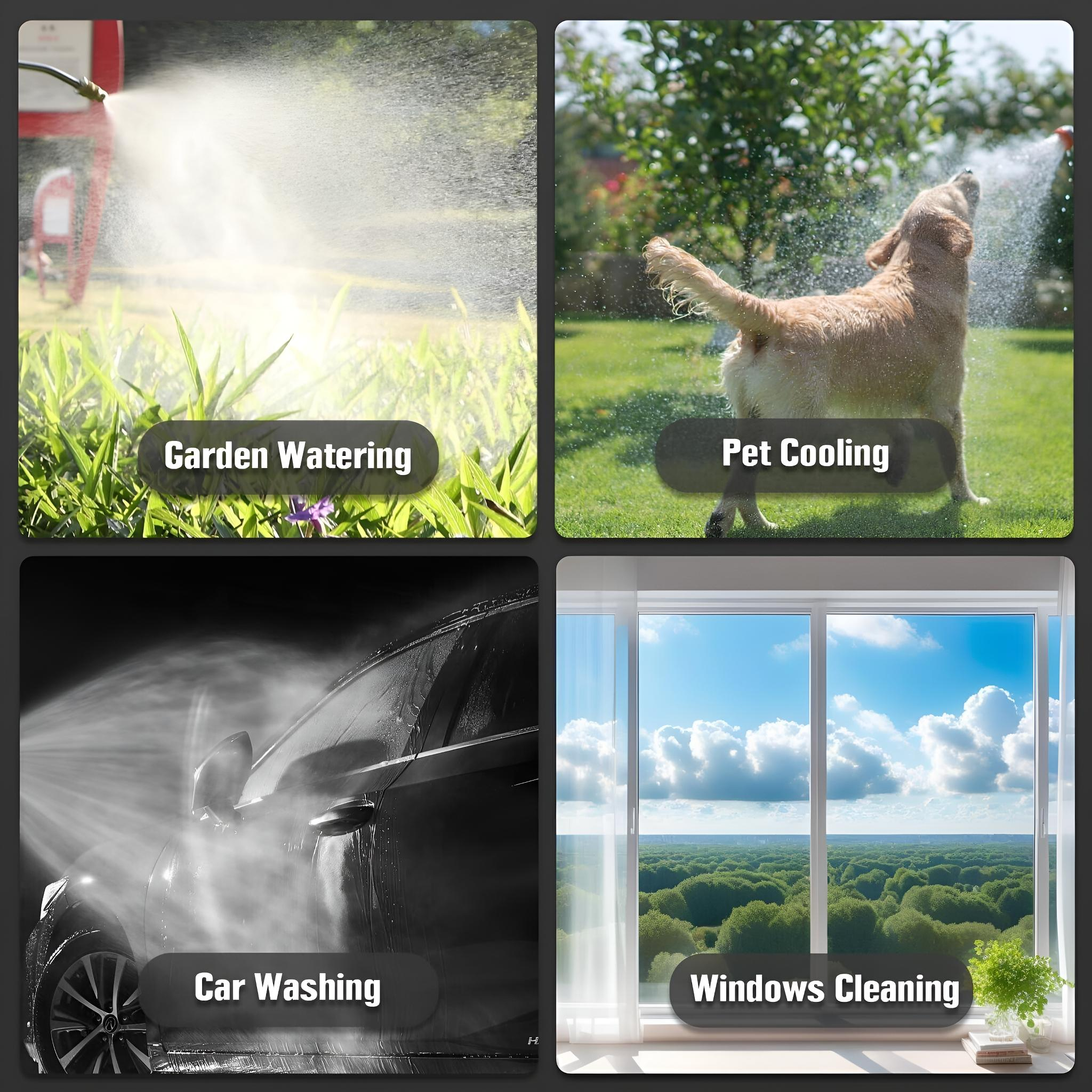 Vier Bilder: Gartenbewässerung, Haustierkühlung, Autowaschen und Fensterputzen, jeweils mit Etikett.