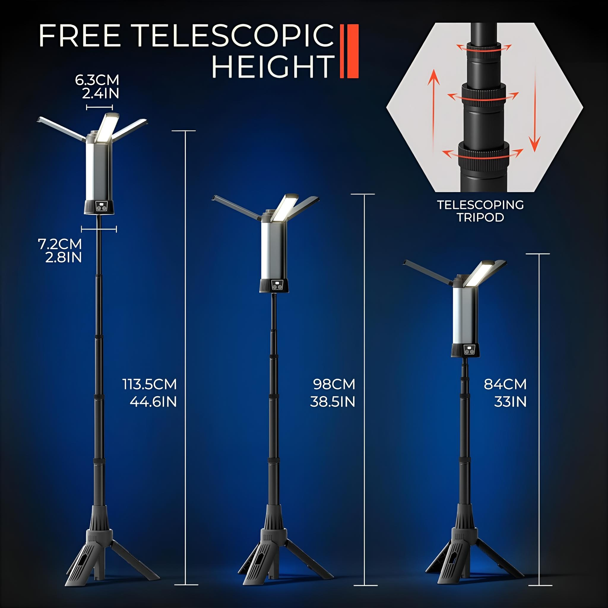 Drei Teleskop-Lichtstative mit Maßen. Die Stative sind auf unterschiedliche Höhen ausgefahren.