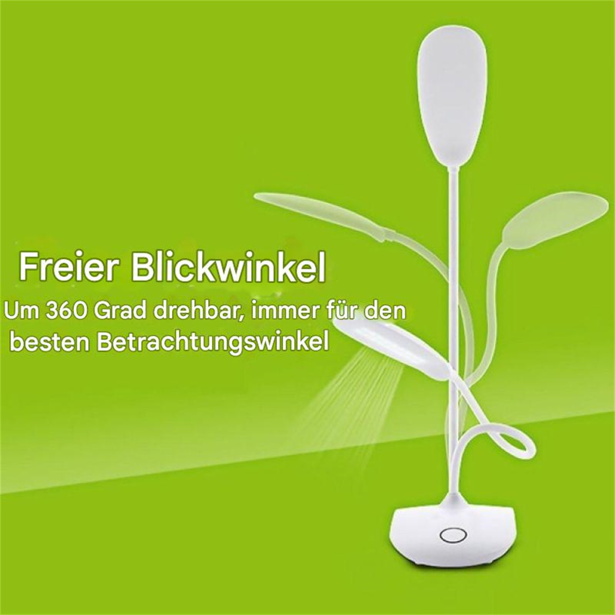 Weiße Schreibtischlampe mit flexiblen Armen. Die Lampe hat einen runden Sockel und drei lichtemittierende Elemente.