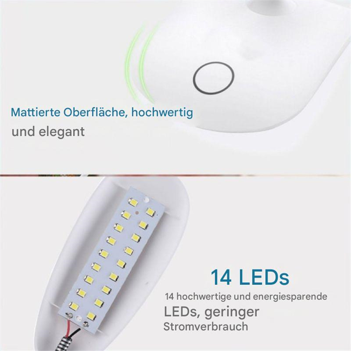 Eine weiße Schreibtischlampe mit Text und LED-Leuchten.