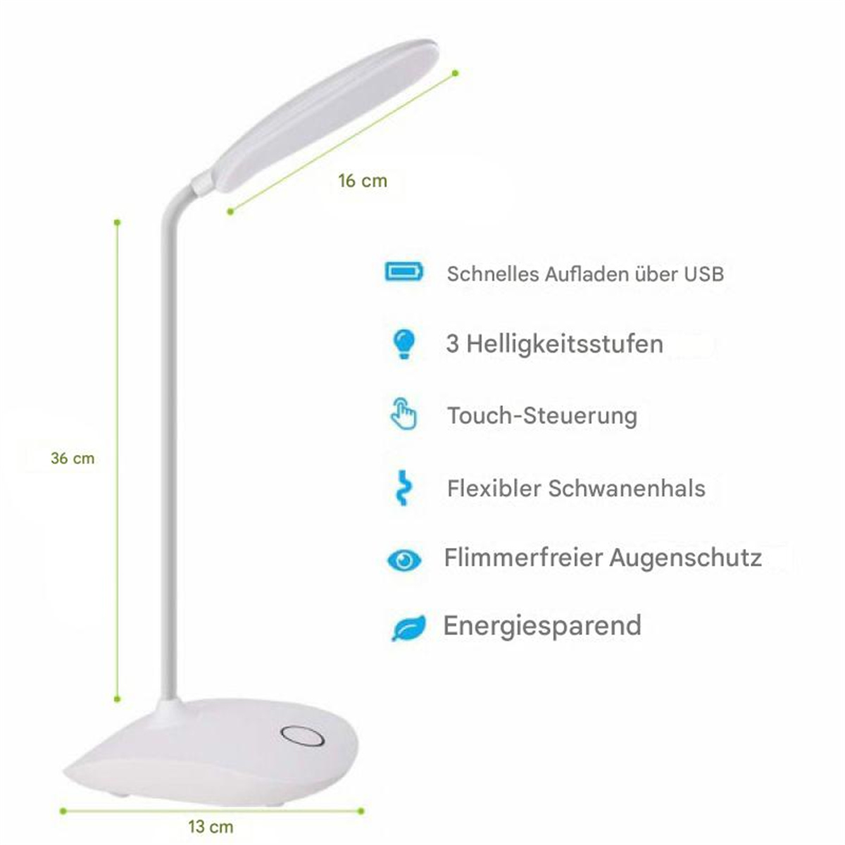 Weiße Schreibtischlampe mit verstellbarem Hals, die Abmessungen und Funktionen wie USB-Aufladung zeigt.