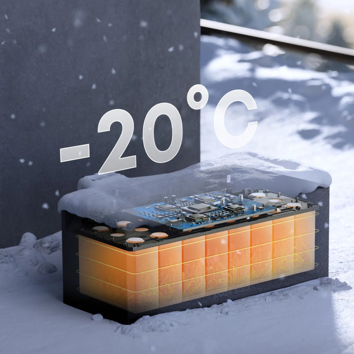 Diagramm, das die inneren Komponenten eines Produkts bei -20°C mit Schnee und Eis zeigt.