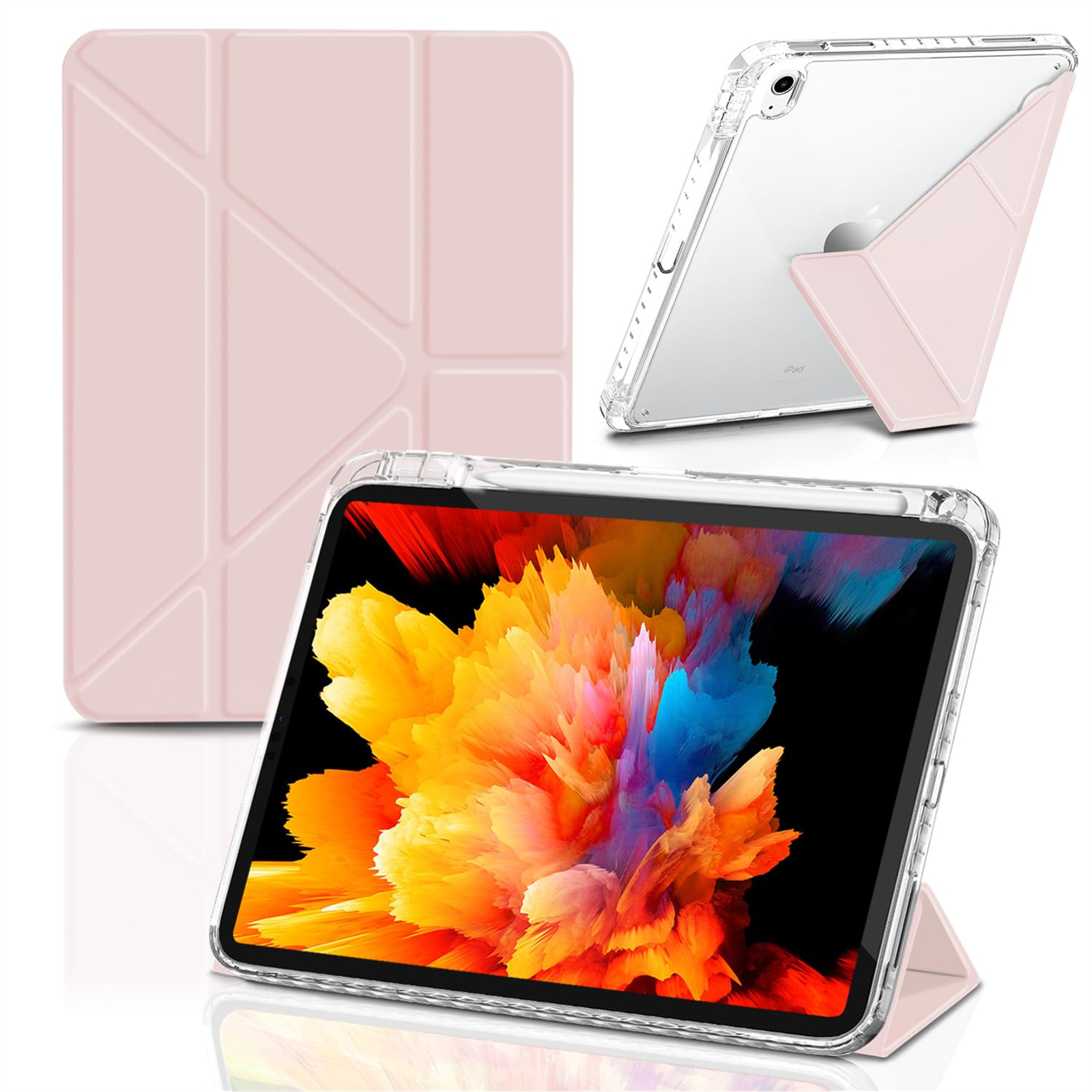 Ein pinkes iPad in einem Case. Es wird geschlossen und geöffnet gezeigt, mit buntem Hintergrund.