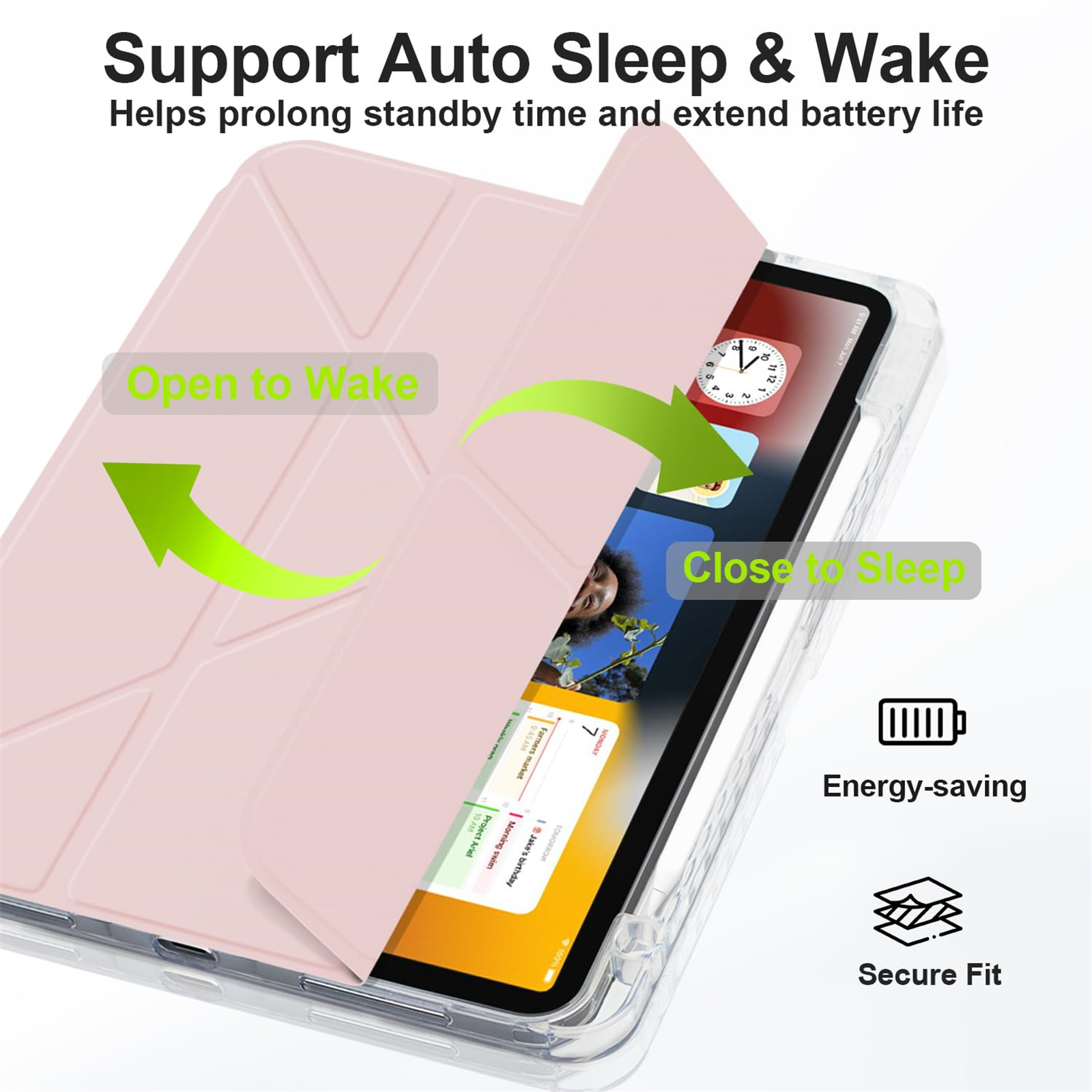 Ein Tablet in einer rosa Hülle, geöffnet und abgewinkelt, zeigt den Bildschirm. Text: 'Open to Wake'.