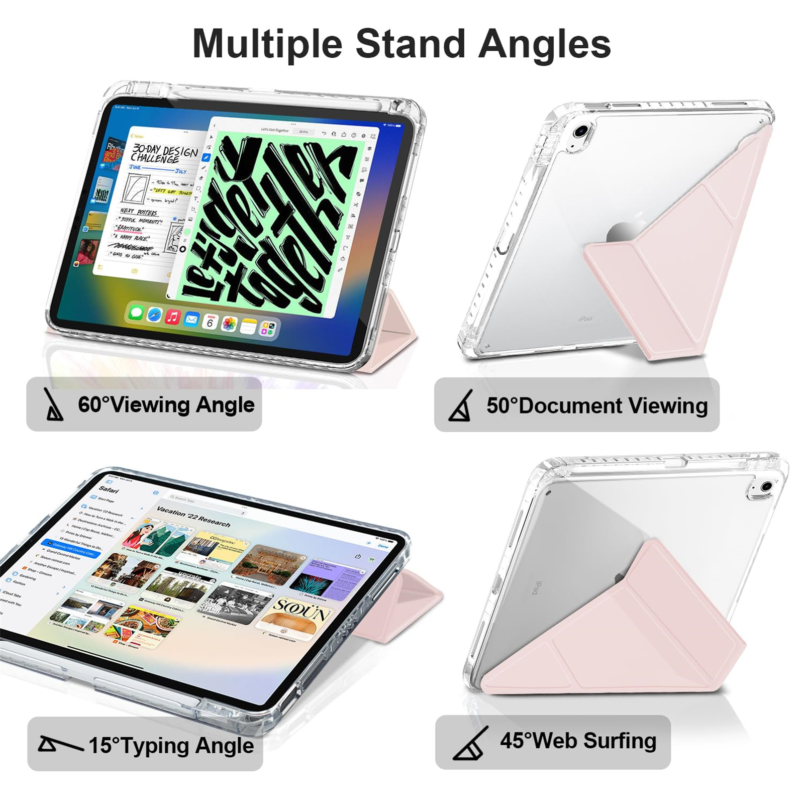 Vier Bilder eines iPads in einer Hülle, die verschiedene Standwinkel zum Betrachten und Tippen zeigen.