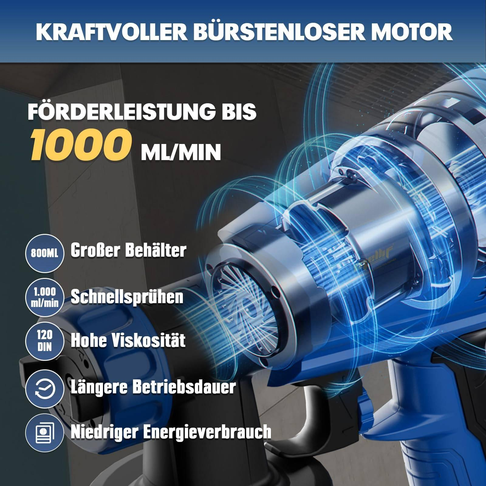 Blau-schwarzes Farbsprühgerät mit Text, Grafikelementen und Produktdetails.