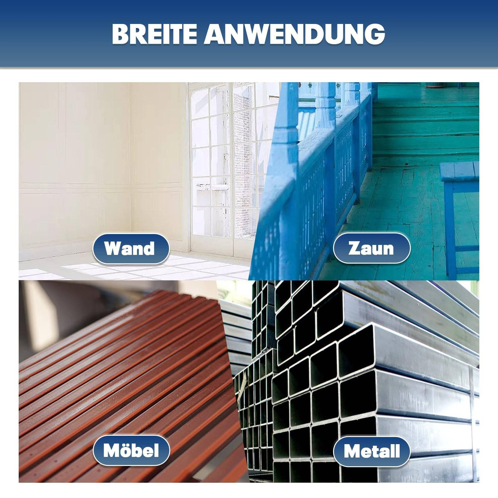Bilder, die verschiedene Anwendungen eines Produkts zeigen, darunter Wände, Zäune und Metall.