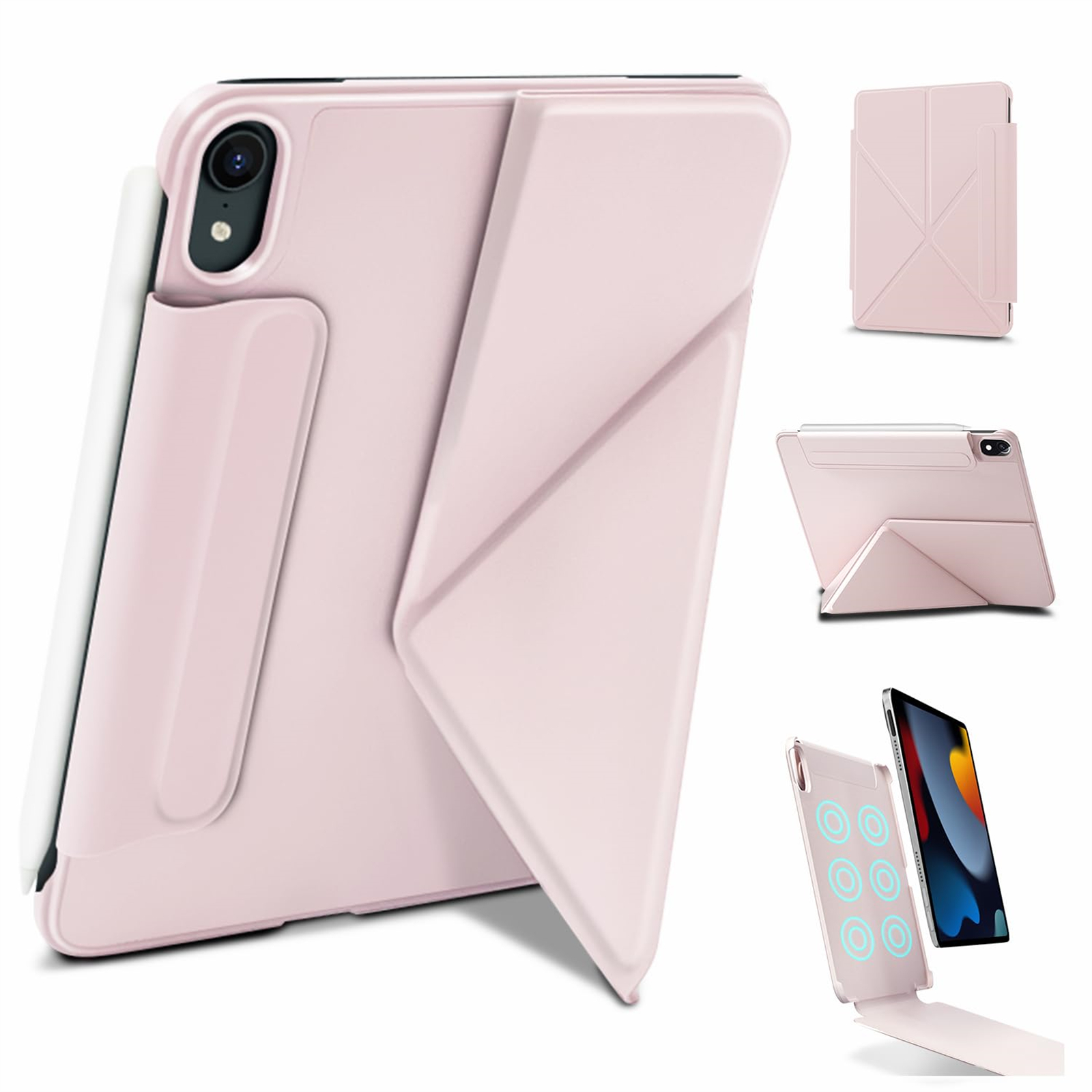 Rosa iPad-Hülle mit Magnetverschluss. Mehrere Ansichten zeigen die Funktionen der Hülle, einschließlich eines Stifthalters.