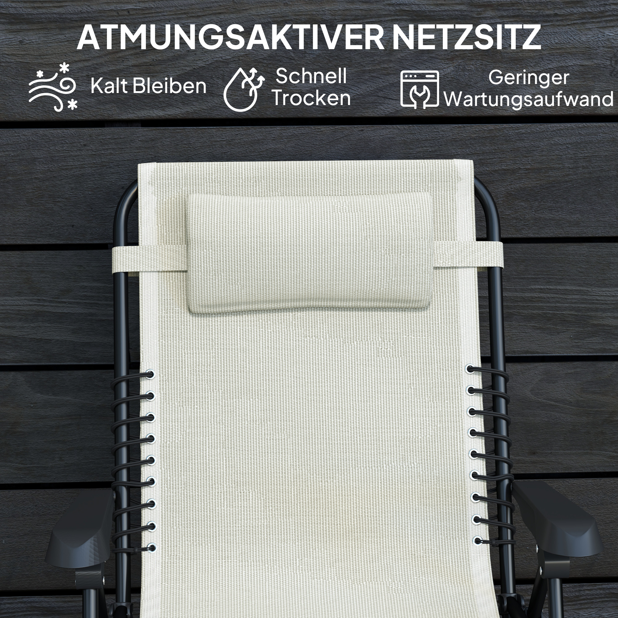 Nahaufnahme der Rückseite eines Liegestuhls. Der Text wirbt für Atmungsaktivität, schnelles Trocknen und geringen Wartungsaufwand.