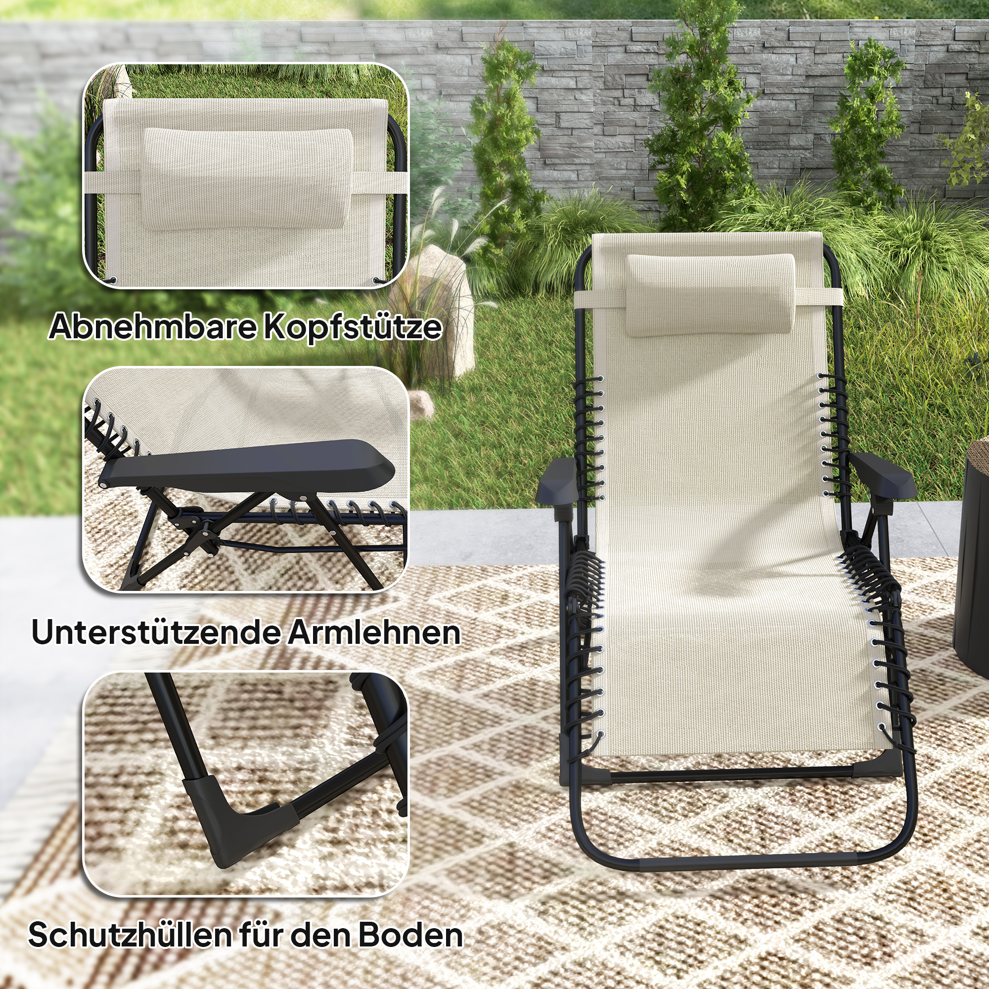 Beiger Liegestuhl mit schwarzem Rahmen, Kopfstütze und Armlehnen. Details zeigen Nahaufnahmen von Funktionen.
