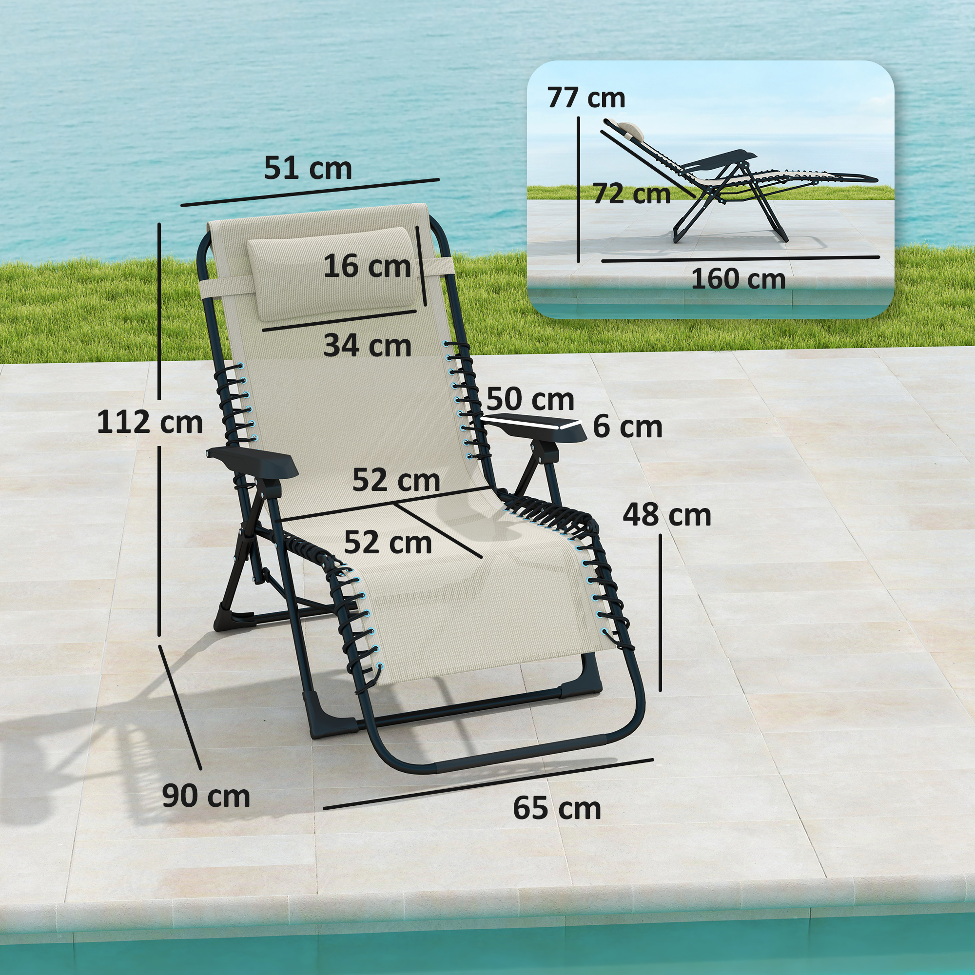 Beigefarbener Zero-Gravity-Stuhl mit Maßen, in der Nähe eines Pools. Abmessungen sind angegeben. Weißer Hintergrund.