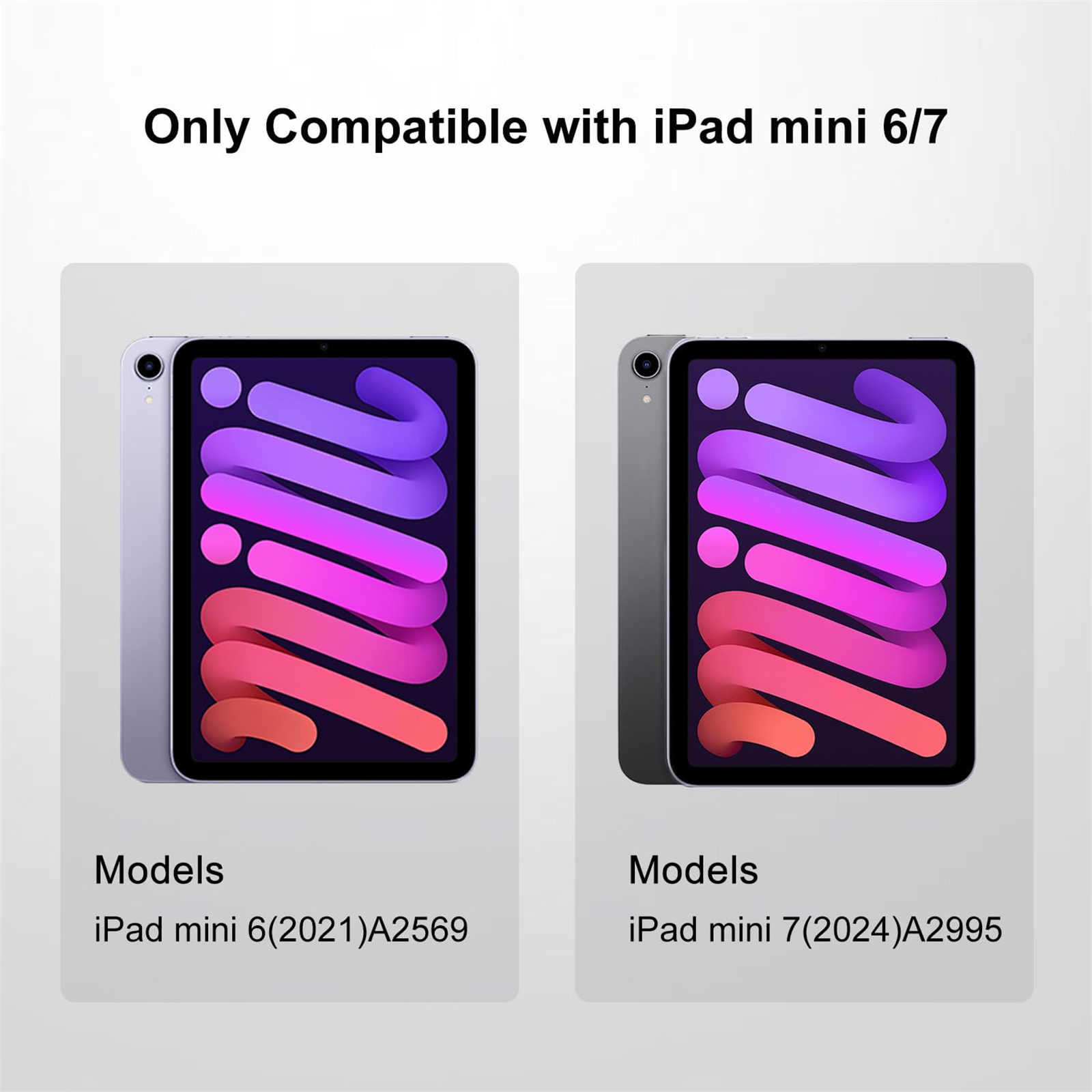 Zwei iPads nebeneinander, mit Text, der die Kompatibilität für iPad mini 6/7 Modelle angibt.