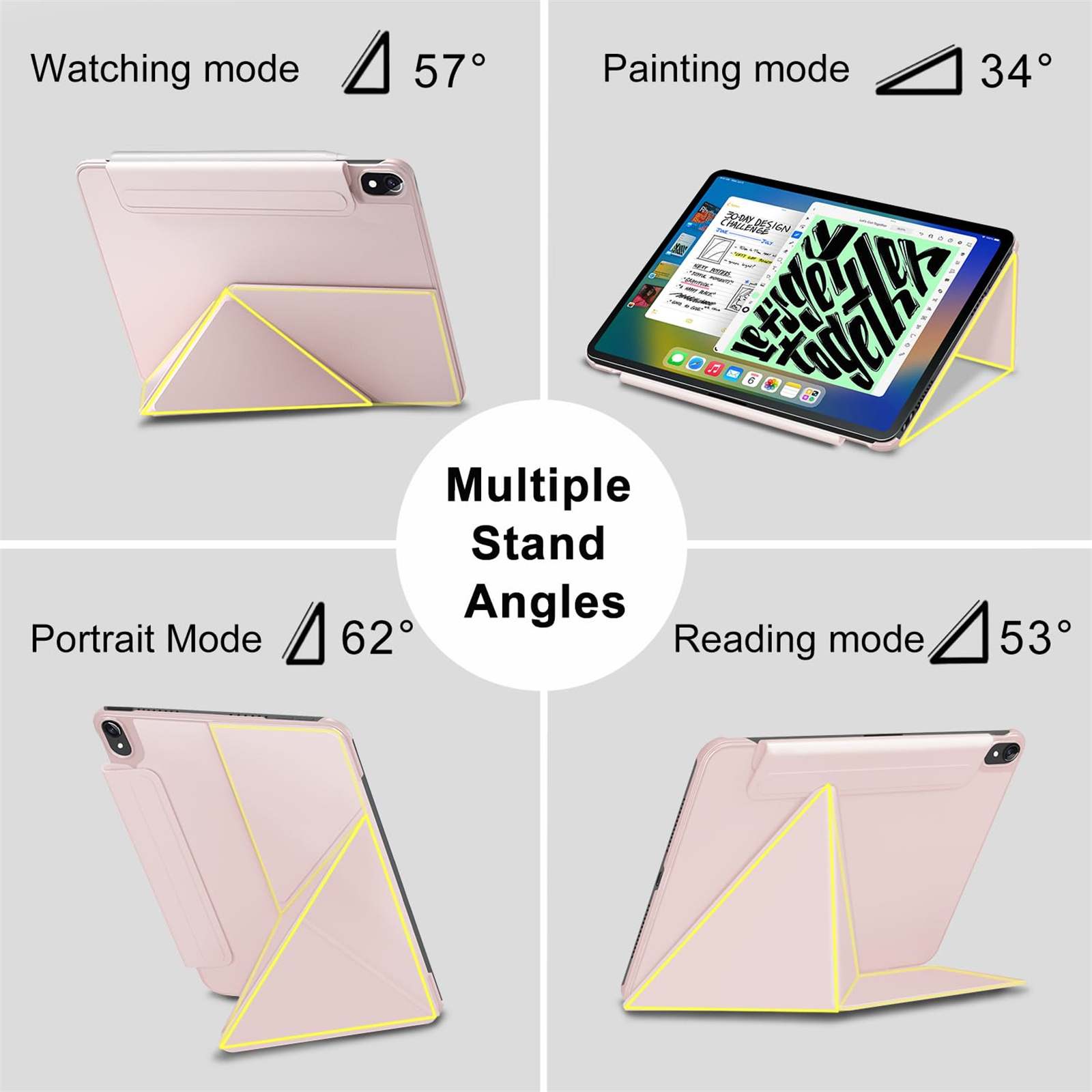 Tablet in verschiedenen Ständerwinkeln: Betrachten (57°), Malen (34°), Portrait (62°) und Lesen (53°).