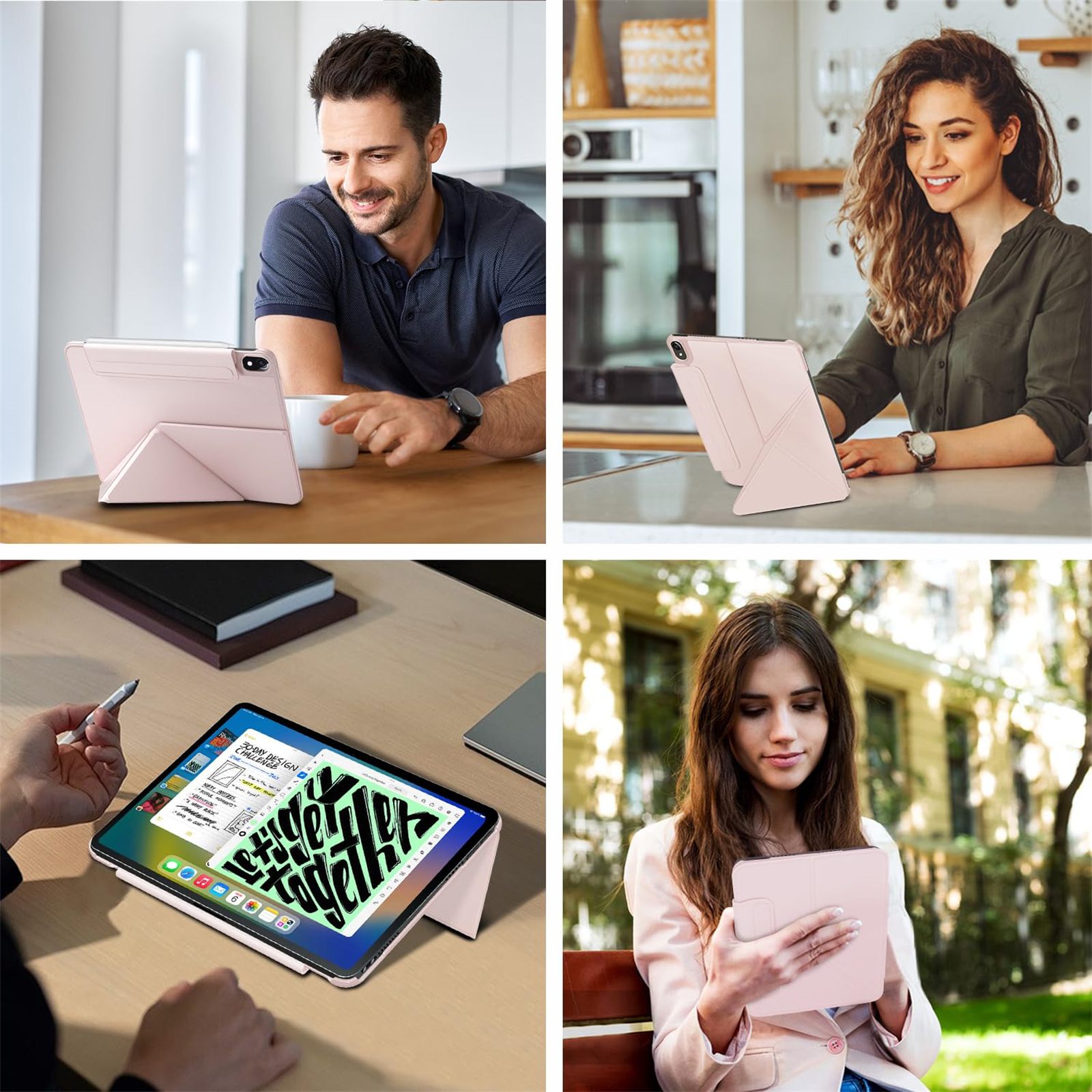 Personen, die Tablets in verschiedenen Umgebungen benutzen. Tablets haben rosa Hüllen, einige sind zur Nutzung aufgestellt.