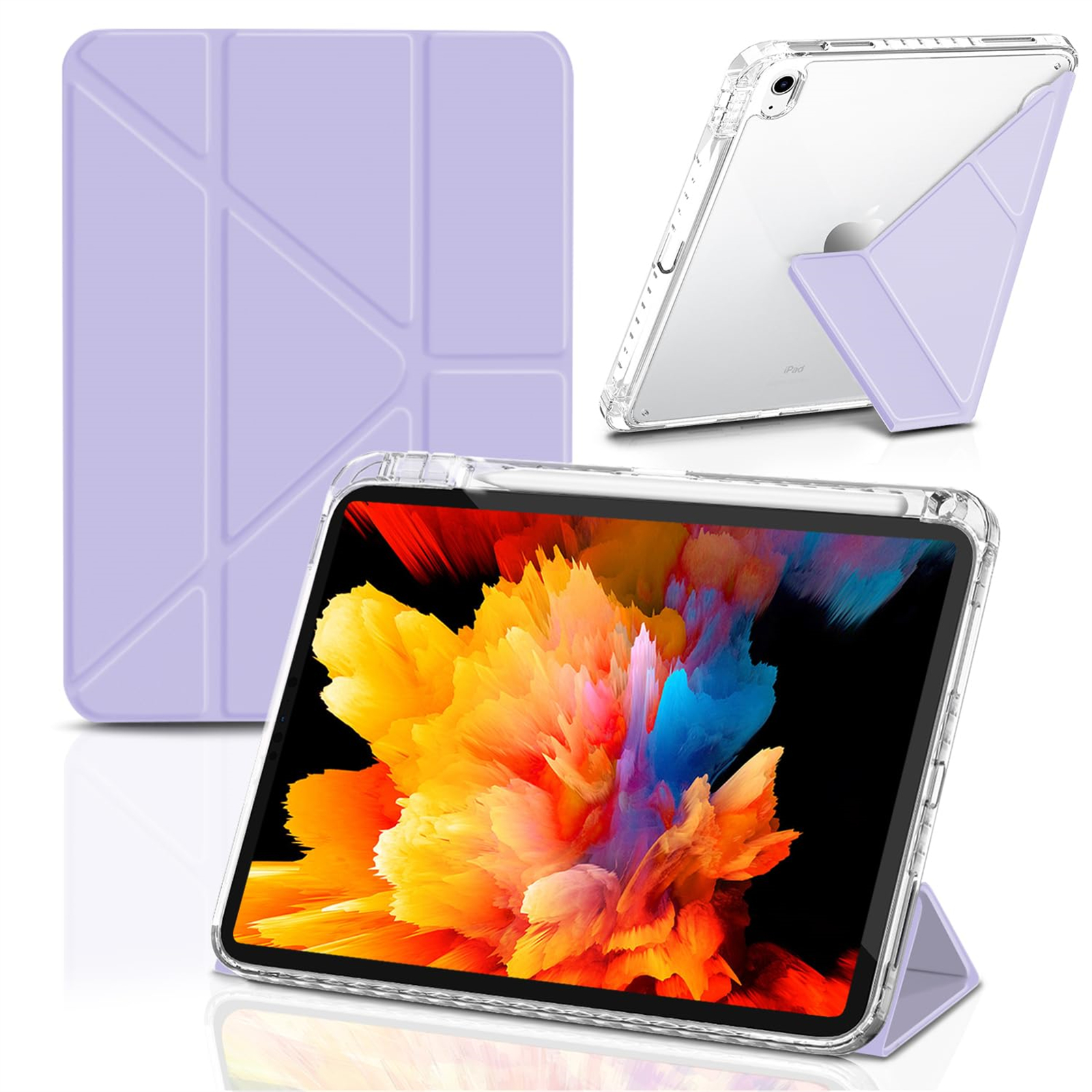 Eine lila Tablet-Hülle mit durchsichtigem Rücken. Tablet ist in der Hülle, in einem Winkel abgestützt.