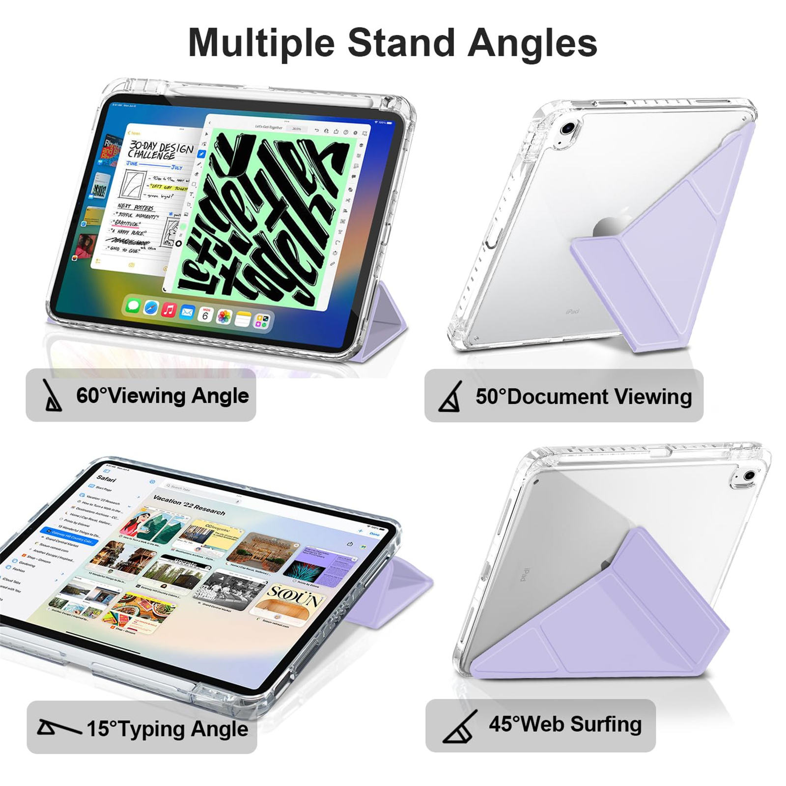 Ein iPad in einer durchsichtigen Hülle wird in vier Ständerwinkeln angezeigt. Jeder Winkel ist mit Gradangaben versehen.