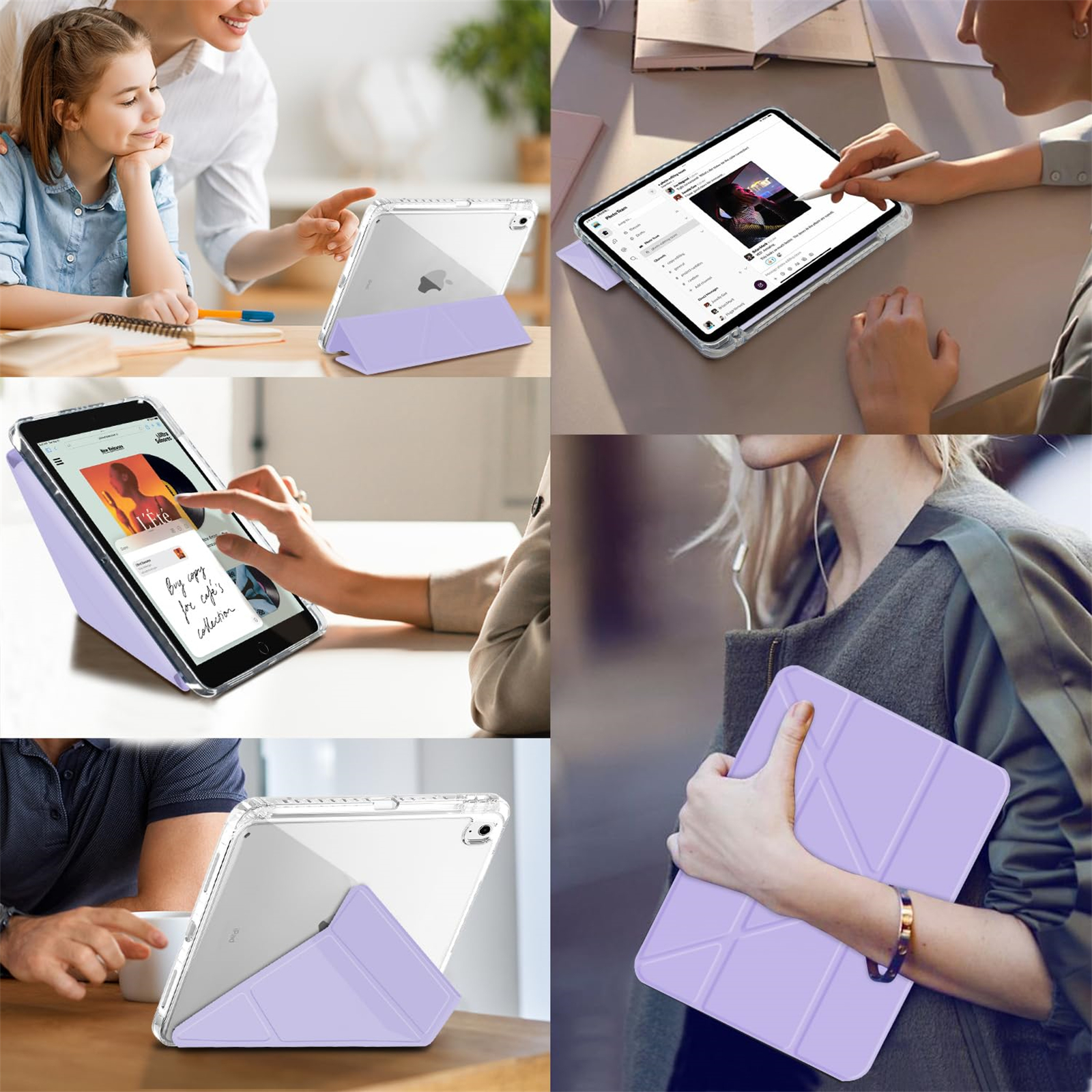 Mehrere Bilder zeigen eine iPad-Hülle in Gebrauch. Personen, die die Hülle in verschiedenen Umgebungen und Positionen verwenden.