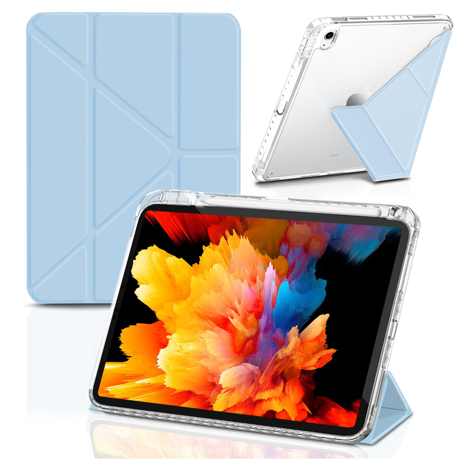 Eine blaue Tablet-Hülle mit durchsichtigem Rücken. Tablet ist in der Hülle, in einem Winkel abgestützt.