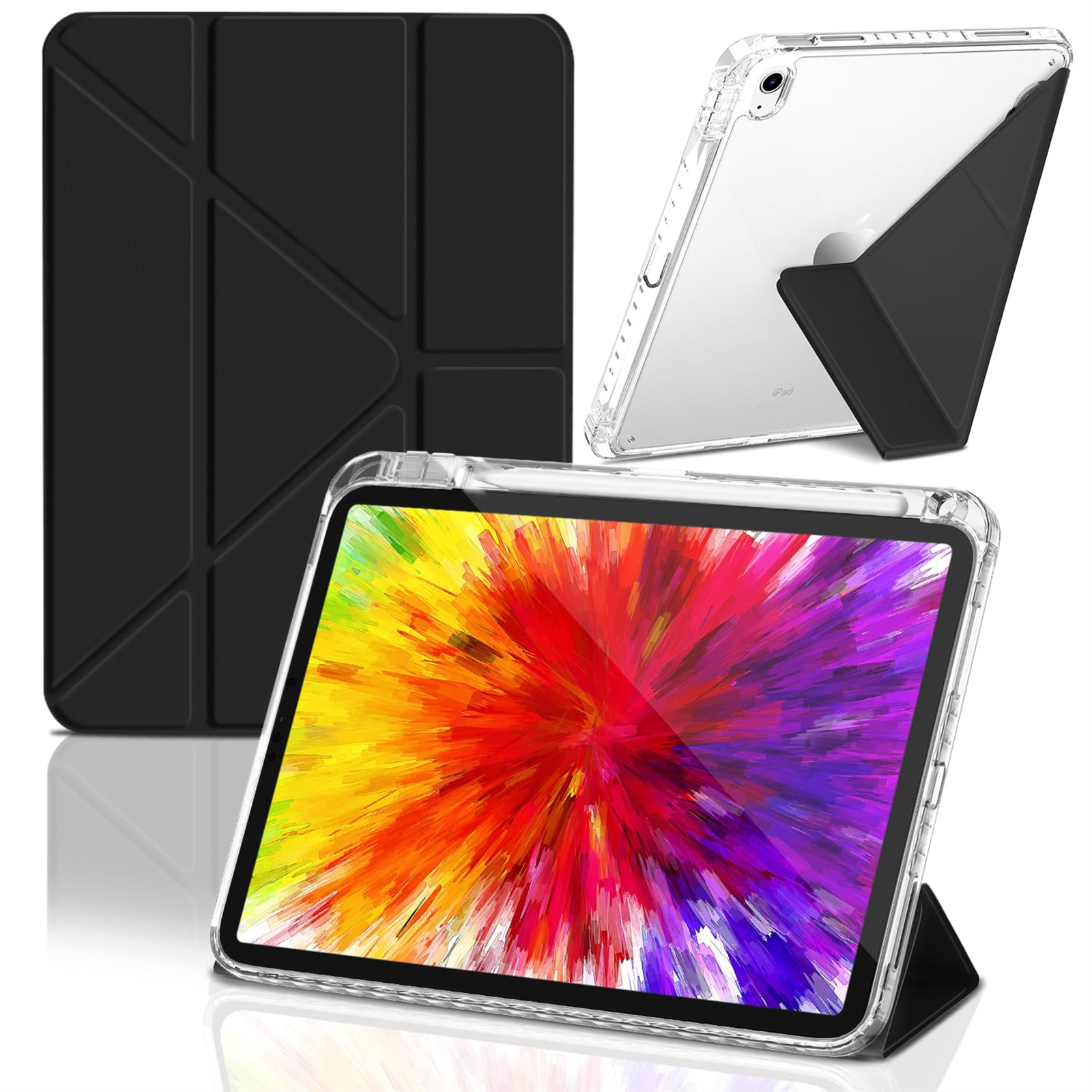 Eine schwarze Tablet-Hülle mit durchsichtigem Rücken. Tablet ist in der Hülle, in einem Winkel abgestützt.