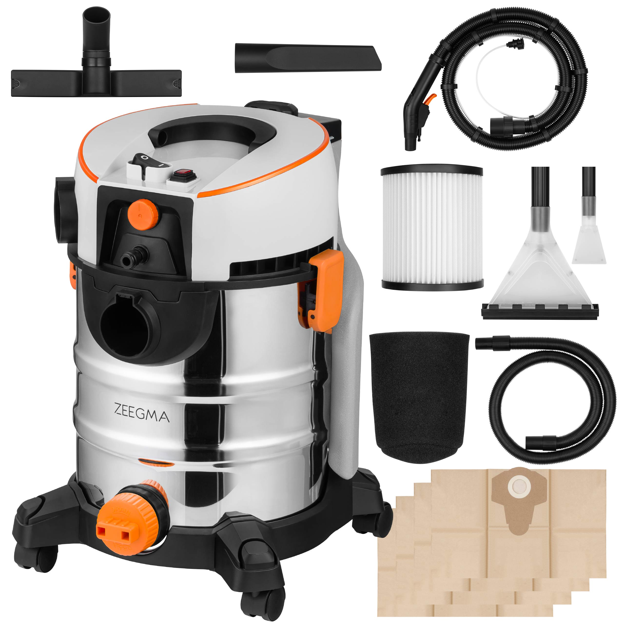 Odkurzacz ze stali nierdzewnej z akcesoriami. Pokazano różne części: wąż, filtry i dysze.