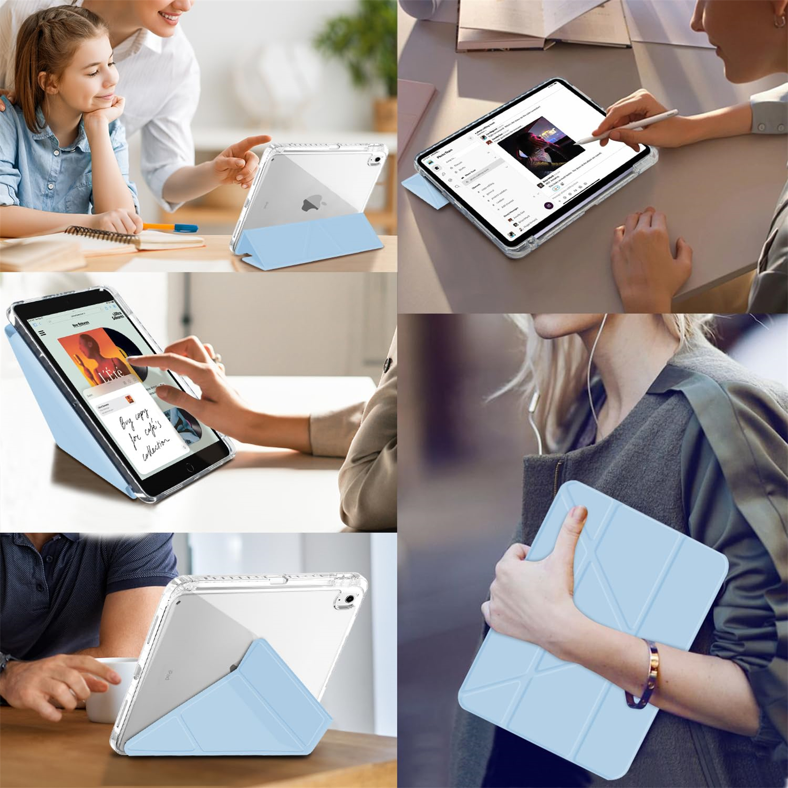 Personen, die Tablets in verschiedenen Umgebungen benutzen. Tablets haben blaue Hüllen, einige sind zur Nutzung aufgestellt.
