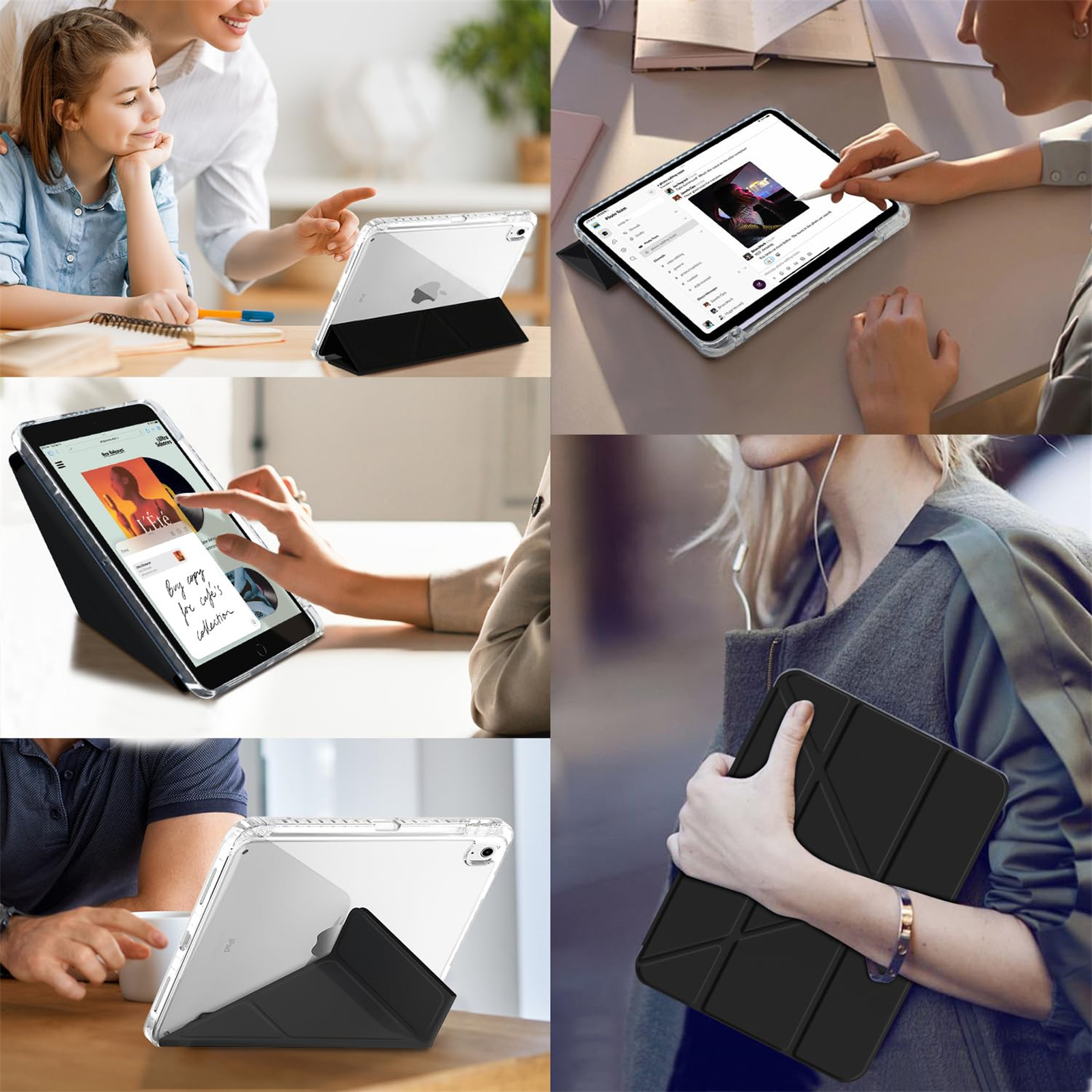 Mehrere Bilder zeigen ein Tablet in einer schwarzen Hülle in verschiedenen Szenarien.