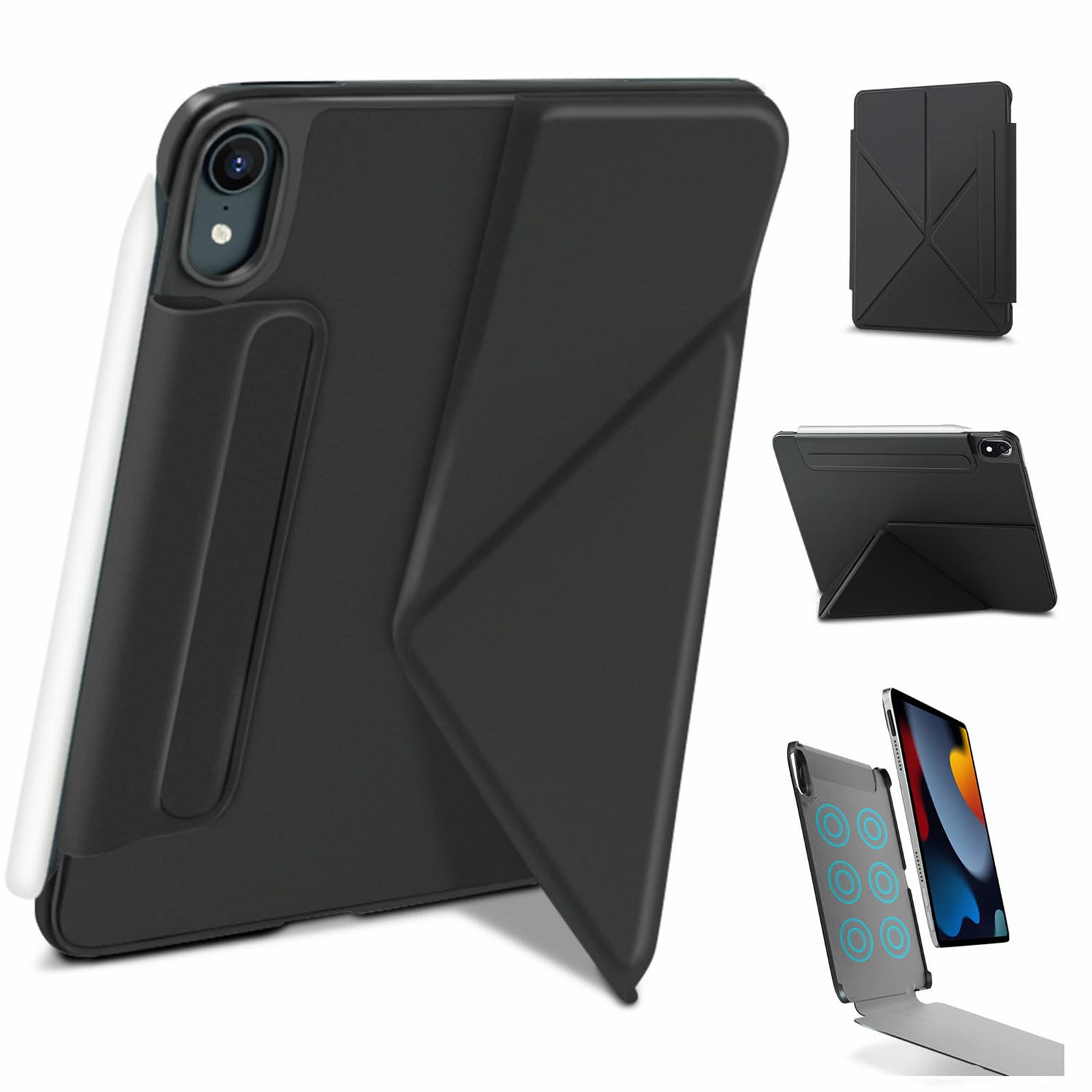 Eine schwarze Tablet-Hülle mit Stifthalter, die das Tablet in verschiedenen Positionen und ein magnetisches Design zeigt.