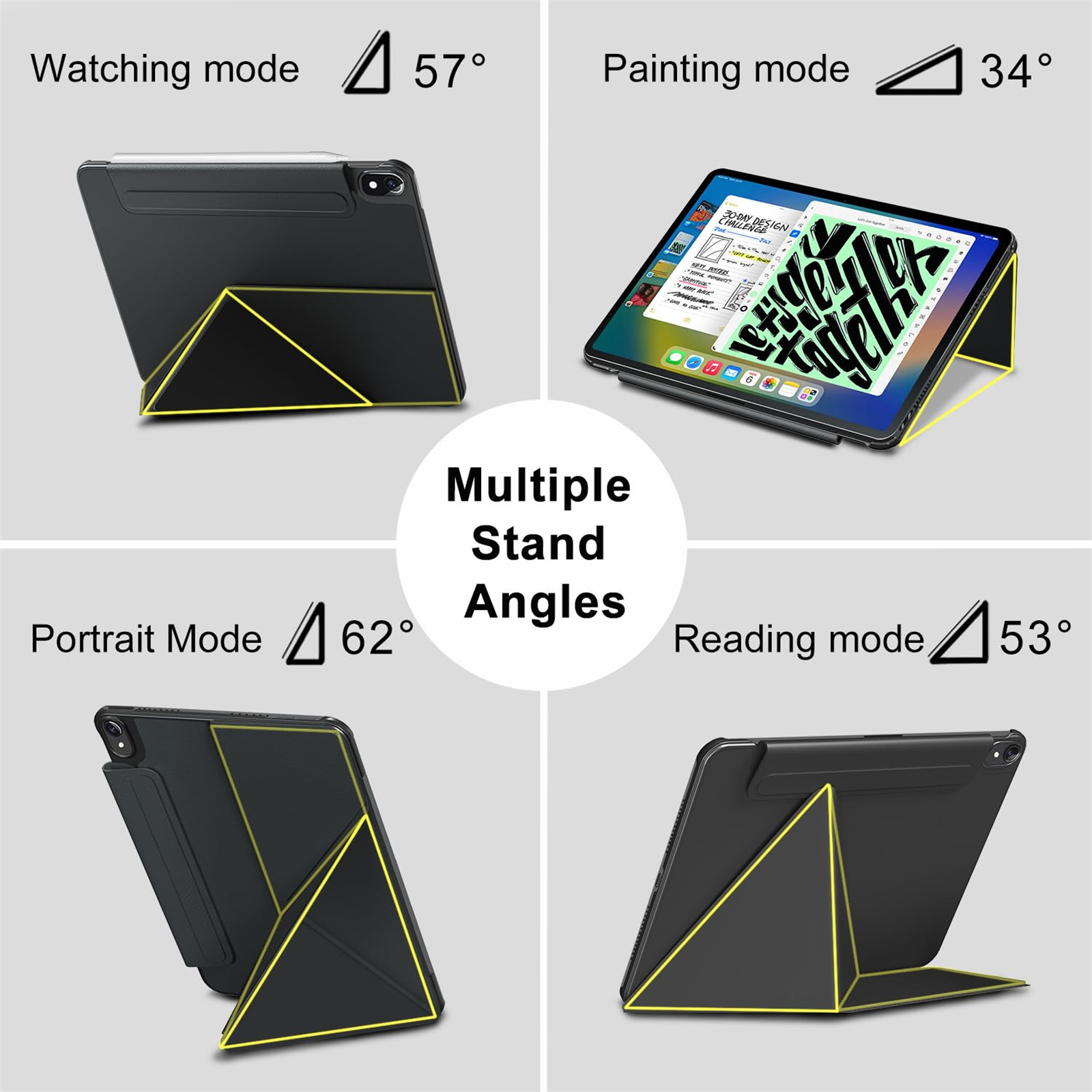 Tablet-Hülle mit mehreren Standwinkeln: 57, 34, 62, 53 Grad. Zeigt verschiedene Anzeigemodi für Tablets.