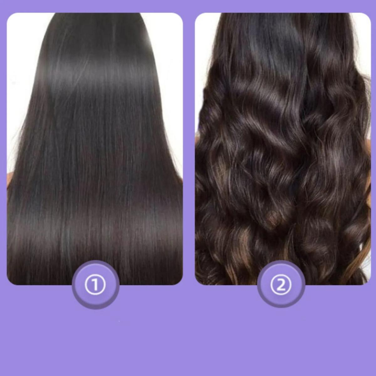 Zwei Bilder zeigen Haare. Eines ist glatt, das andere wellig. Beide sind dunkelbraun.