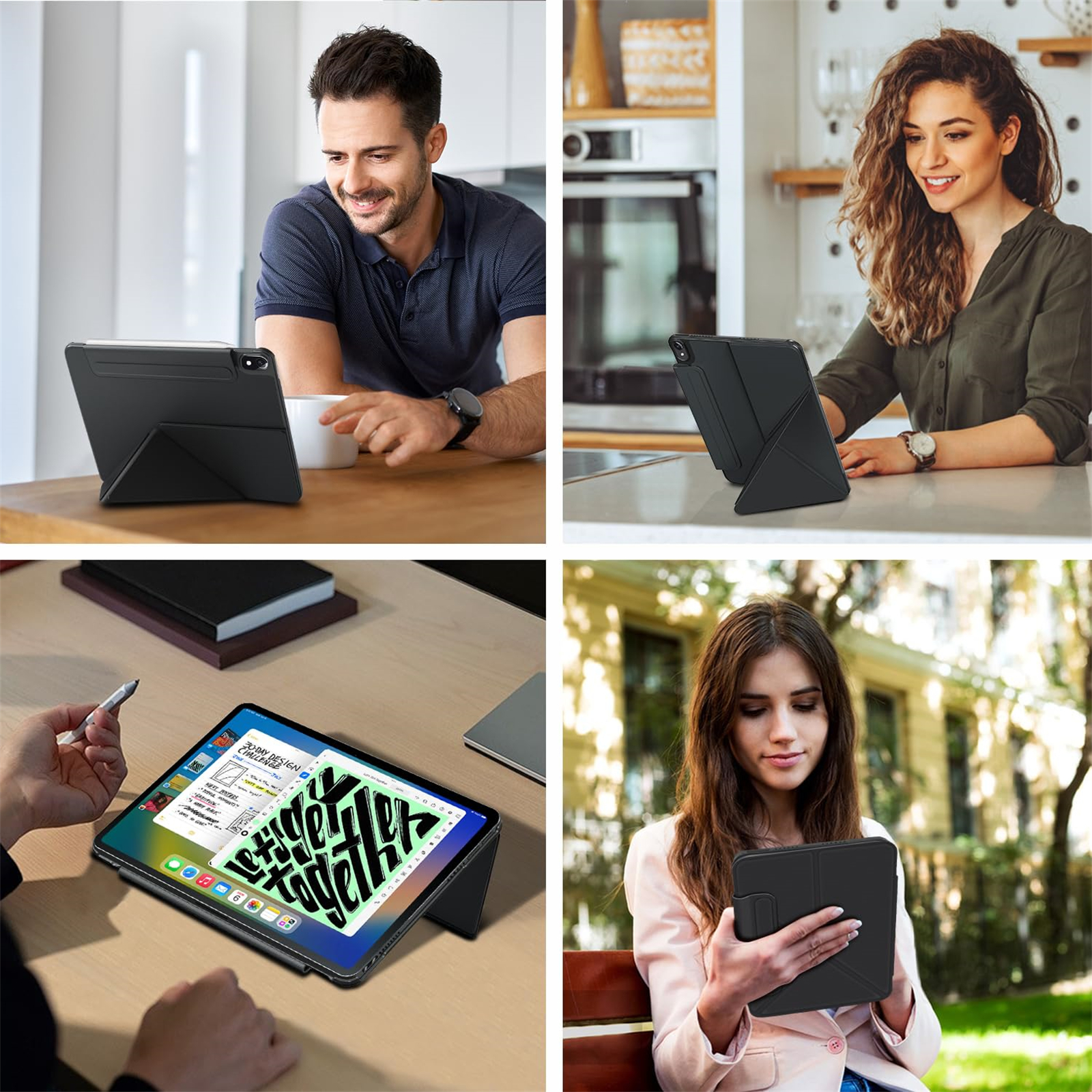 Menschen, die Tablets in verschiedenen Umgebungen benutzen. Ein Mann, eine Frau und eine Frau draußen benutzen das Gerät.
