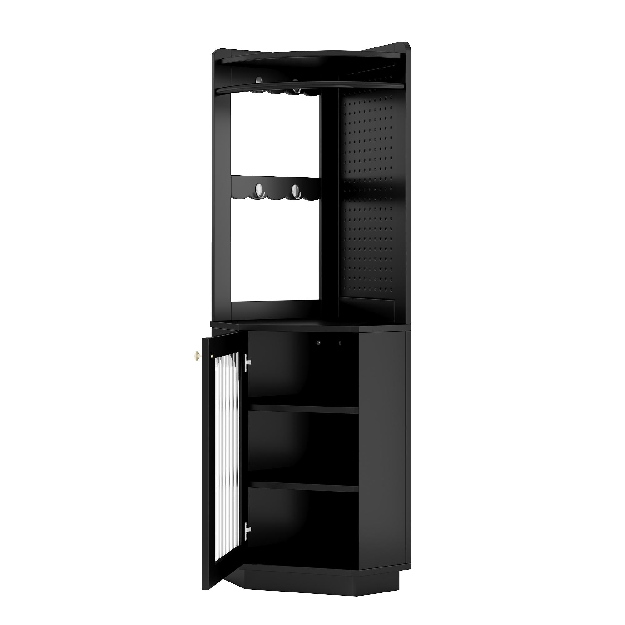 Schwarzer Eckschrank mit Glastür und Regalen. Mit Hängeregal und perforierter Seite.