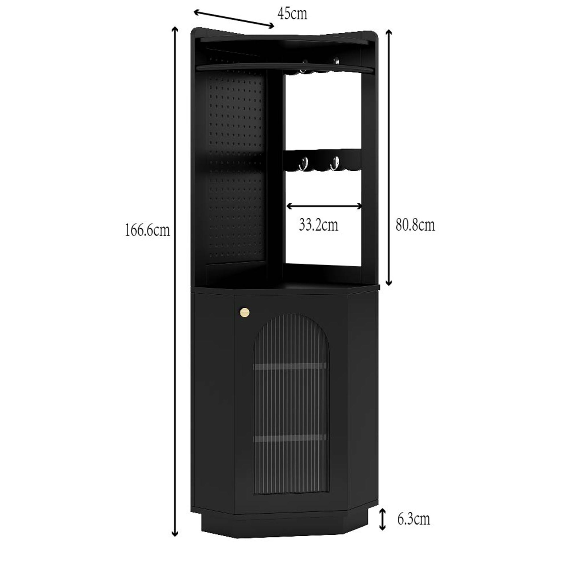 Schwarzer Eck-Barschrank mit Beschriftung der Abmessungen; Tür, Regale und Glashalter.