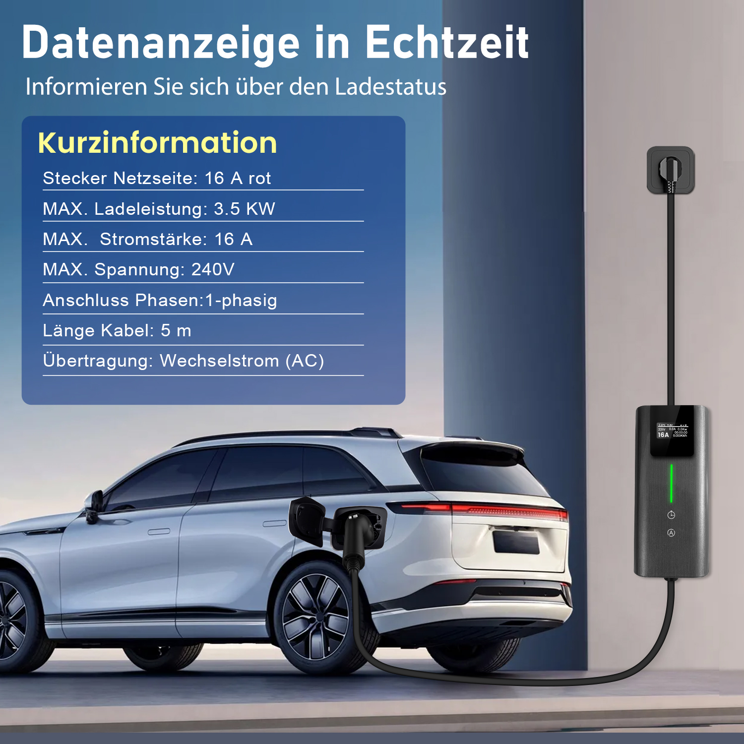 Elektroauto lädt an einer Station. Informationen auf dem Bildschirm zeigen Ladestatus und Details.