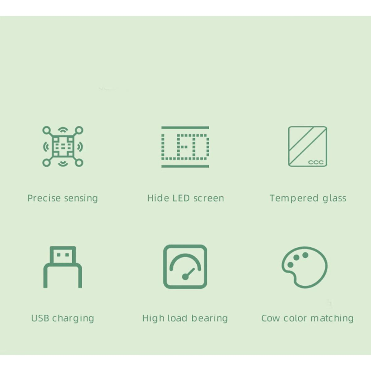 Symbole auf hellem Hintergrund: präzise Erfassung, LED-Bildschirm, gehärtetes Glas, USB-Aufladung, hohe Belastbarkeit, Kuhfarbabstimmung.