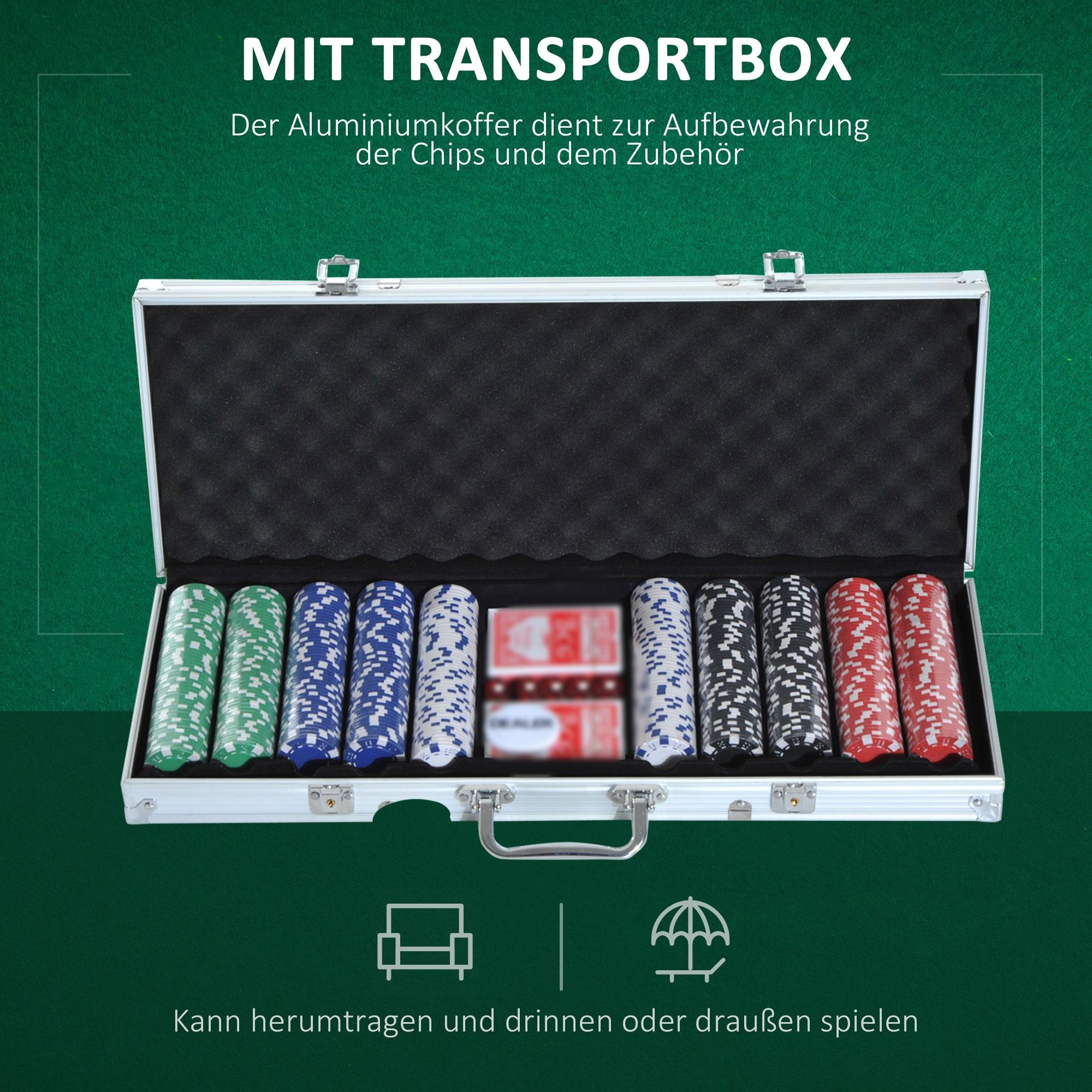 Pokerkarten in einem Aluminiumkoffer, grüner Hintergrund, Text auf Deutsch.