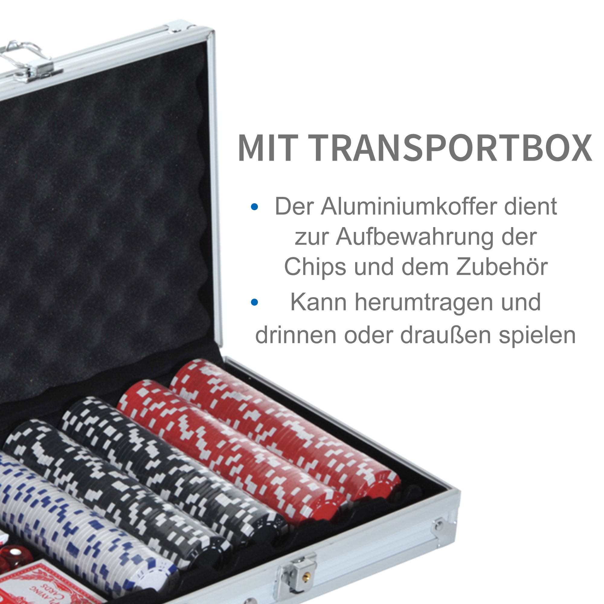 Geöffnete Pokerbox mit Chips und Karten, plus Text auf Deutsch.