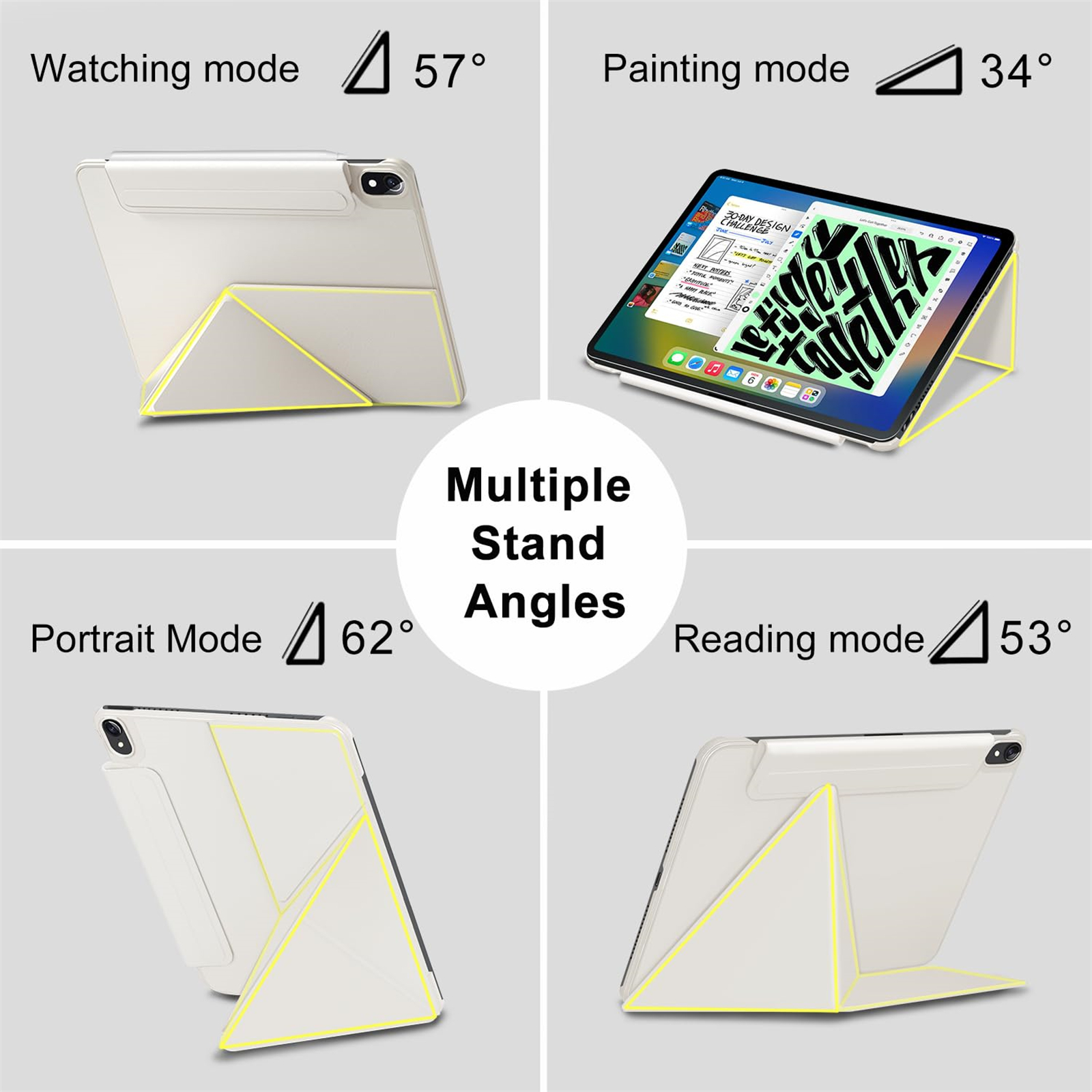 Tablet in verschiedenen Standwinkeln, weißes Gehäuse, gelbe Akzente, heller Hintergrund.