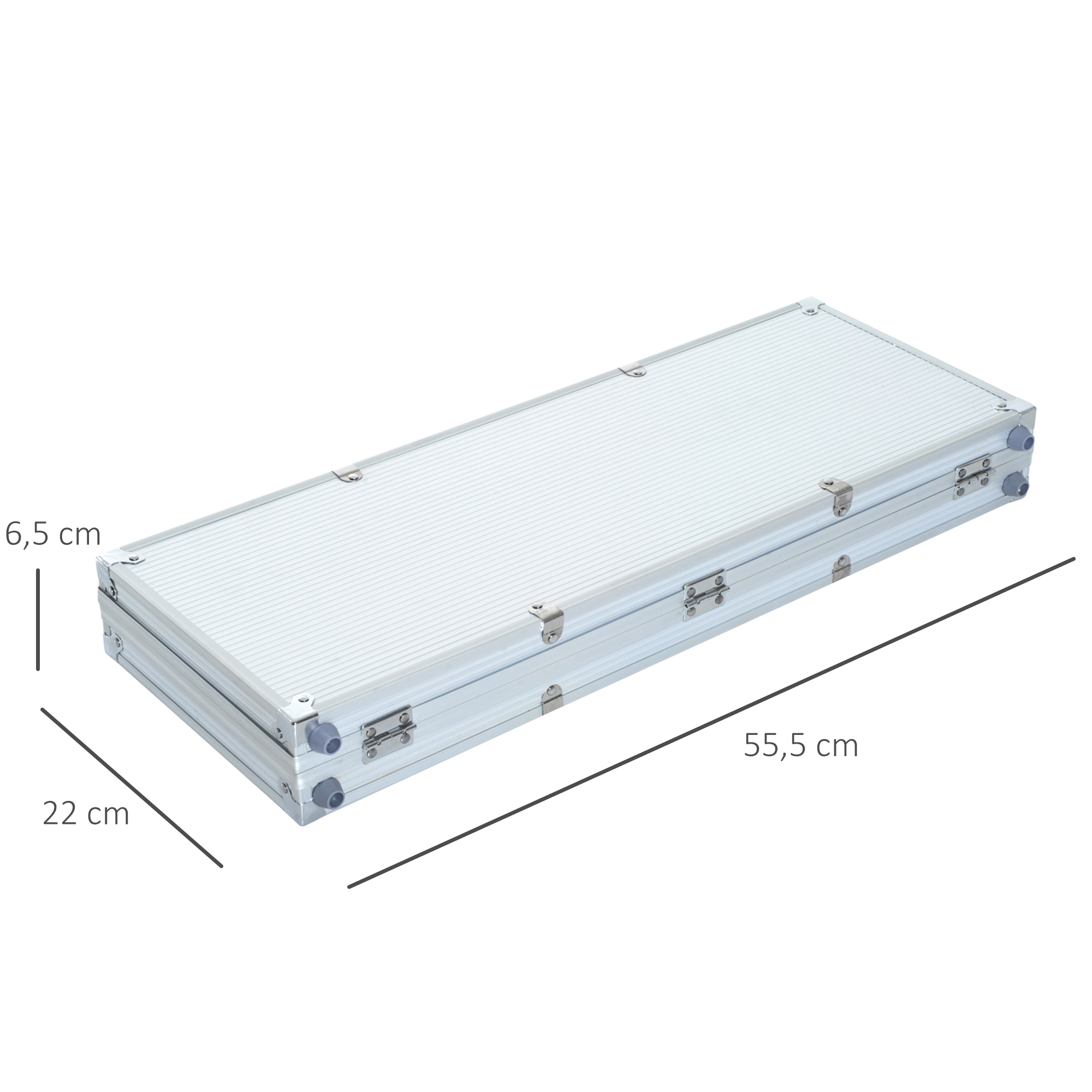 Geschlossener silberner Koffer mit Abmessungen: 6,5 cm Höhe, 22 cm Breite, 55,5 cm Länge.