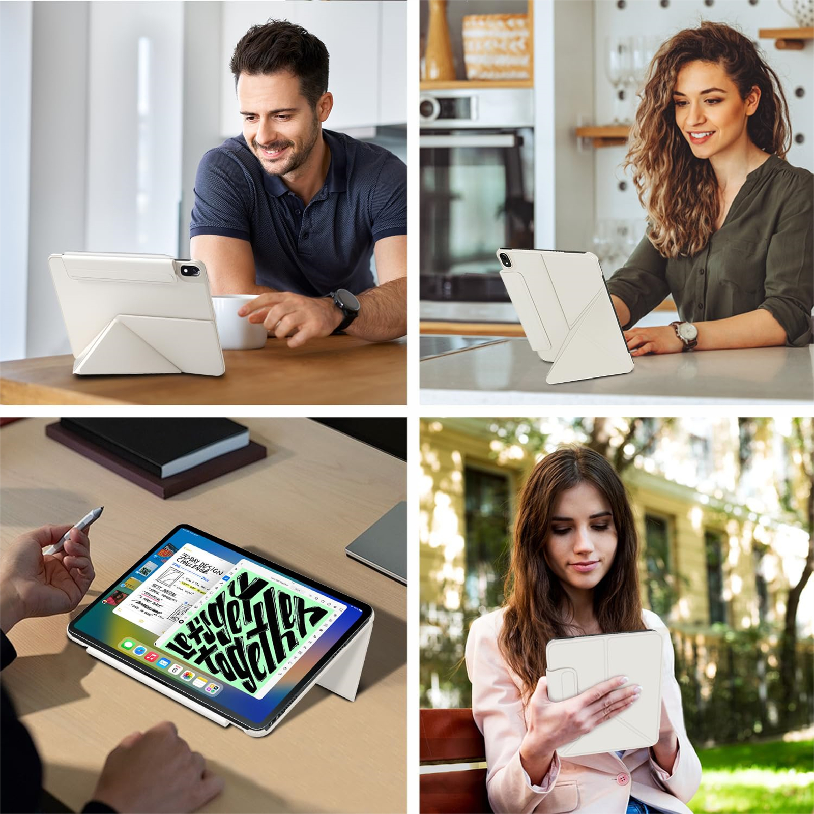 Vier Bilder, die zeigen, wie Menschen eine weiße iPad-Hülle in verschiedenen Umgebungen verwenden.