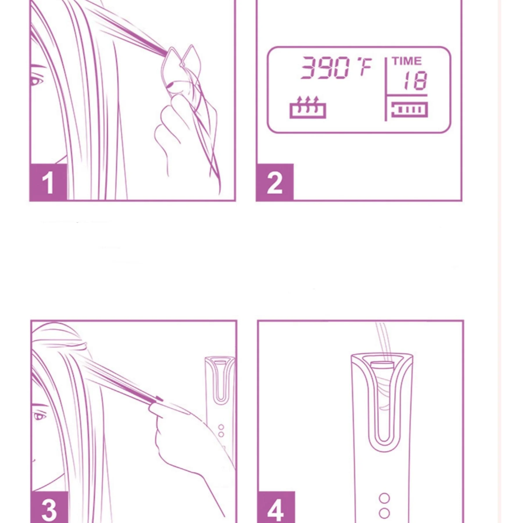 Schritt-für-Schritt-Anleitung zur Verwendung eines Lockenstabes, mit Diagrammen und Nummern.