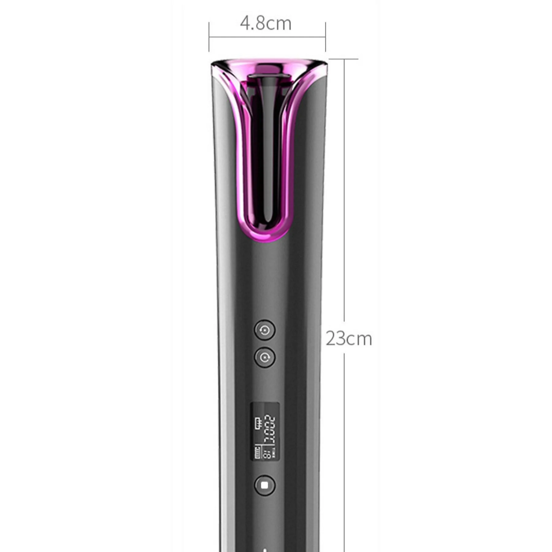 Ein schwarzer und grauer Lockenstab mit digitaler Anzeige. Er ist 23 cm lang.